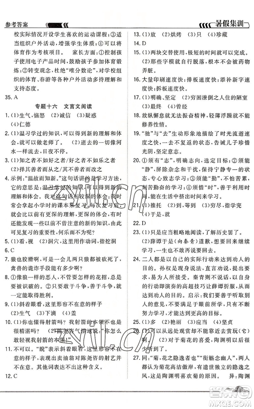 合肥工業(yè)大學(xué)出版社2022暑假集訓(xùn)七年級(jí)語(yǔ)文人教版答案