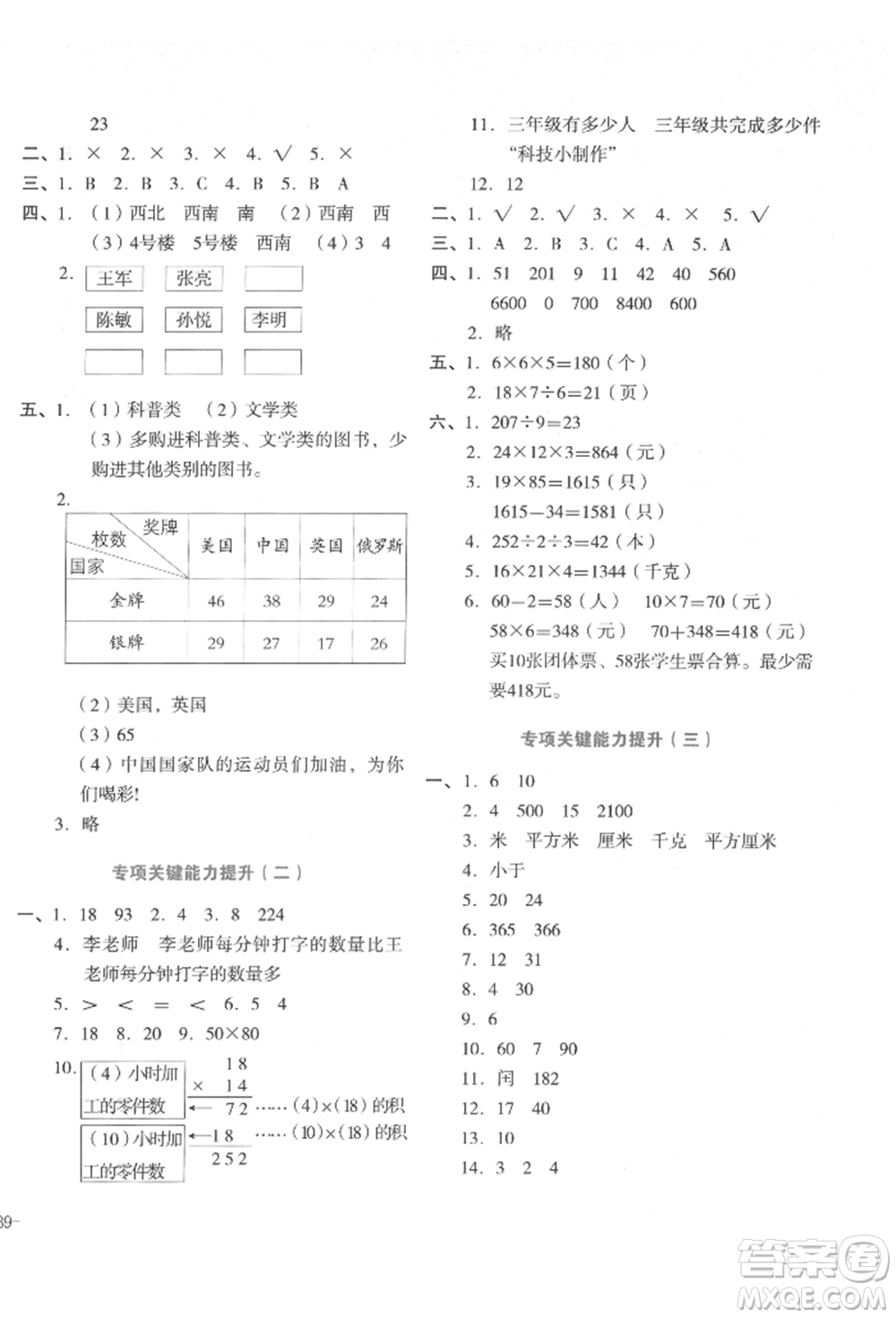 湖南教育出版社2022學(xué)科素養(yǎng)與能力提升三年級下冊數(shù)學(xué)人教版參考答案