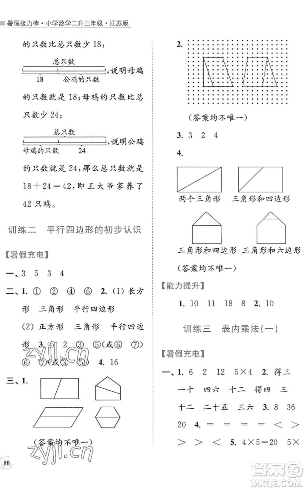 江蘇鳳凰美術(shù)出版社2022暑假接力棒小學(xué)數(shù)學(xué)二升三年級江蘇版答案