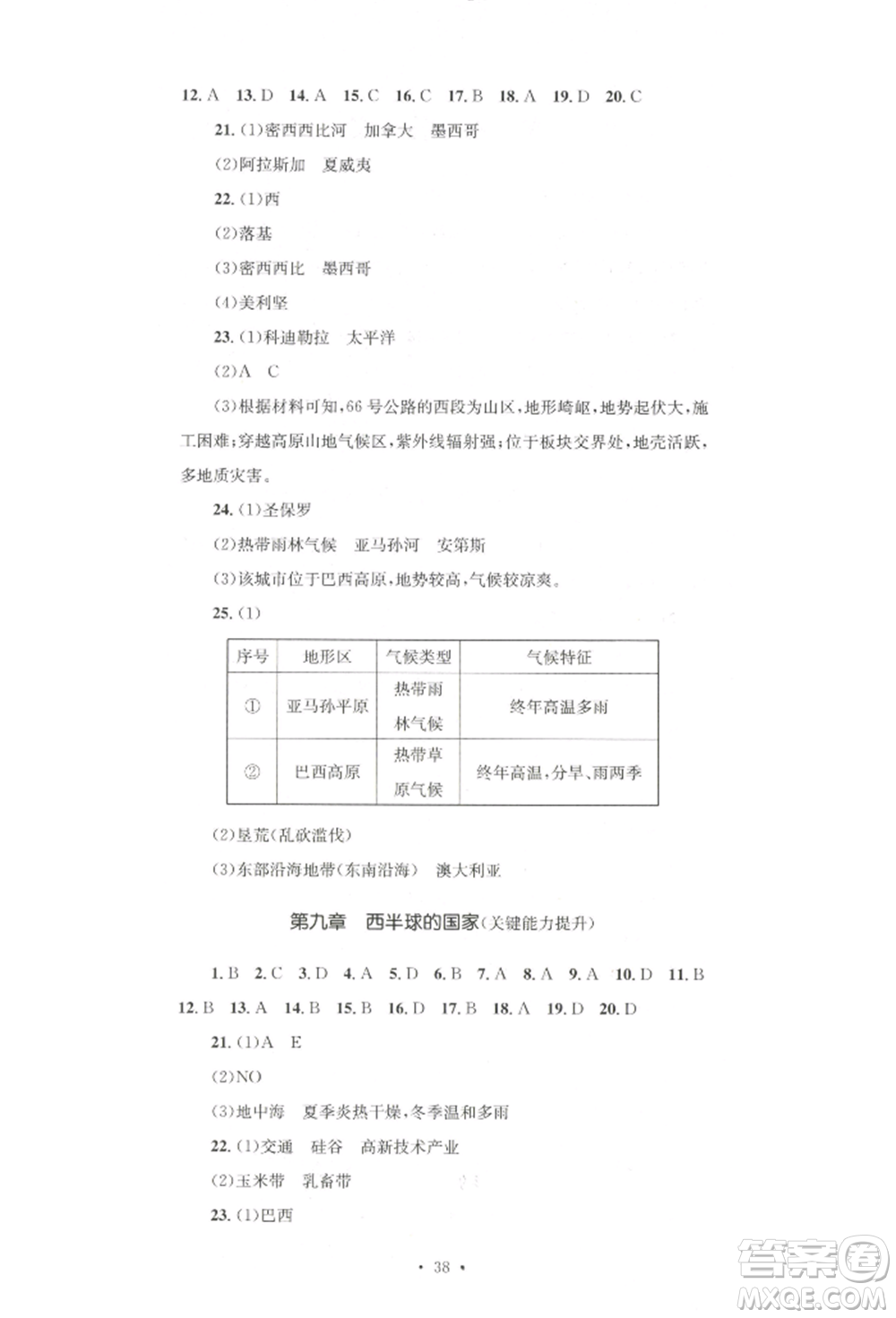 湖南教育出版社2022學(xué)科素養(yǎng)與能力提升七年級下冊地理人教版參考答案