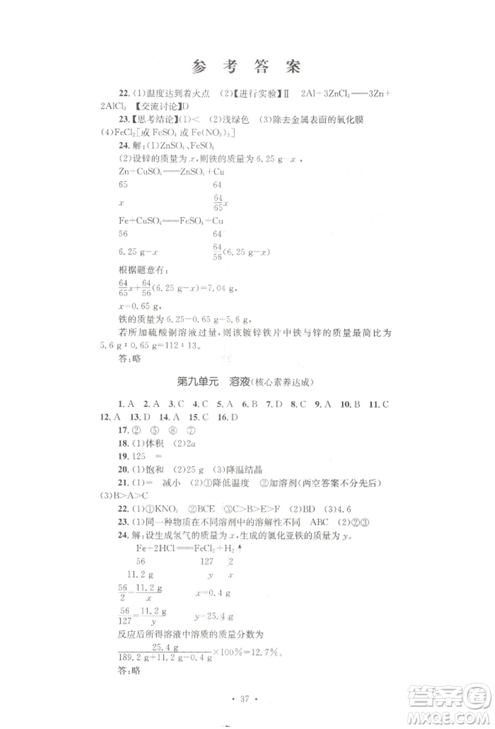 湖南教育出版社2022學科素養(yǎng)與能力提升九年級下冊化學人教版參考答案