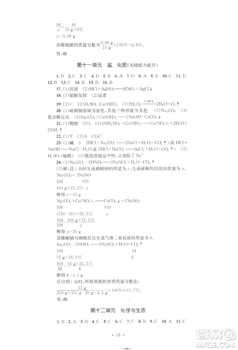 湖南教育出版社2022學科素養(yǎng)與能力提升九年級下冊化學人教版參考答案