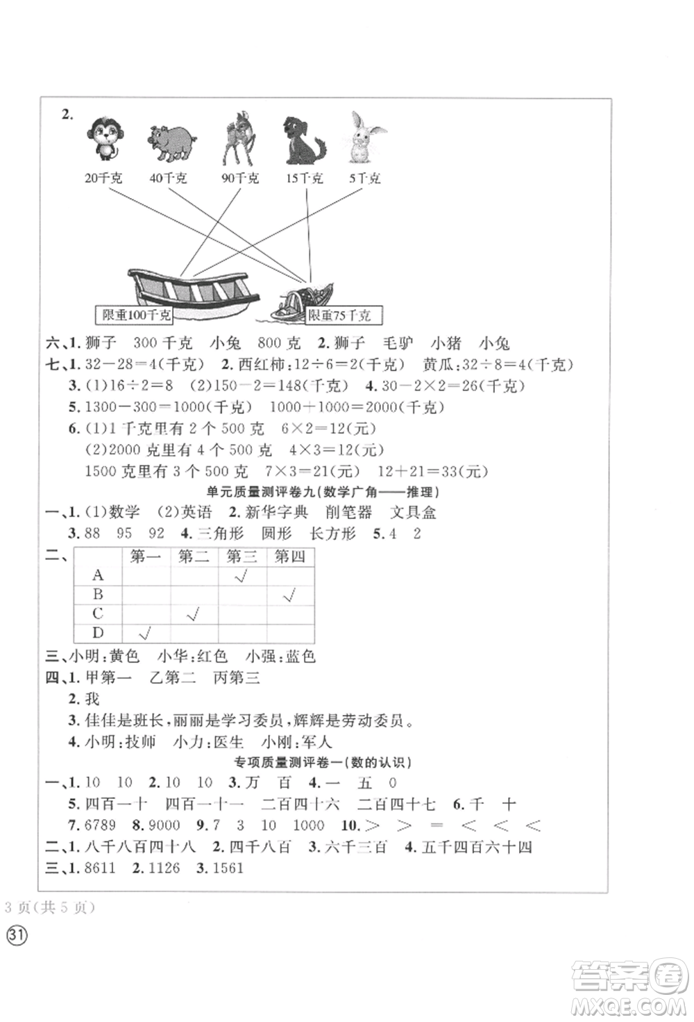 四川辭書(shū)出版社2022學(xué)科素養(yǎng)質(zhì)量測(cè)評(píng)卷二年級(jí)下冊(cè)數(shù)學(xué)人教版參考答案