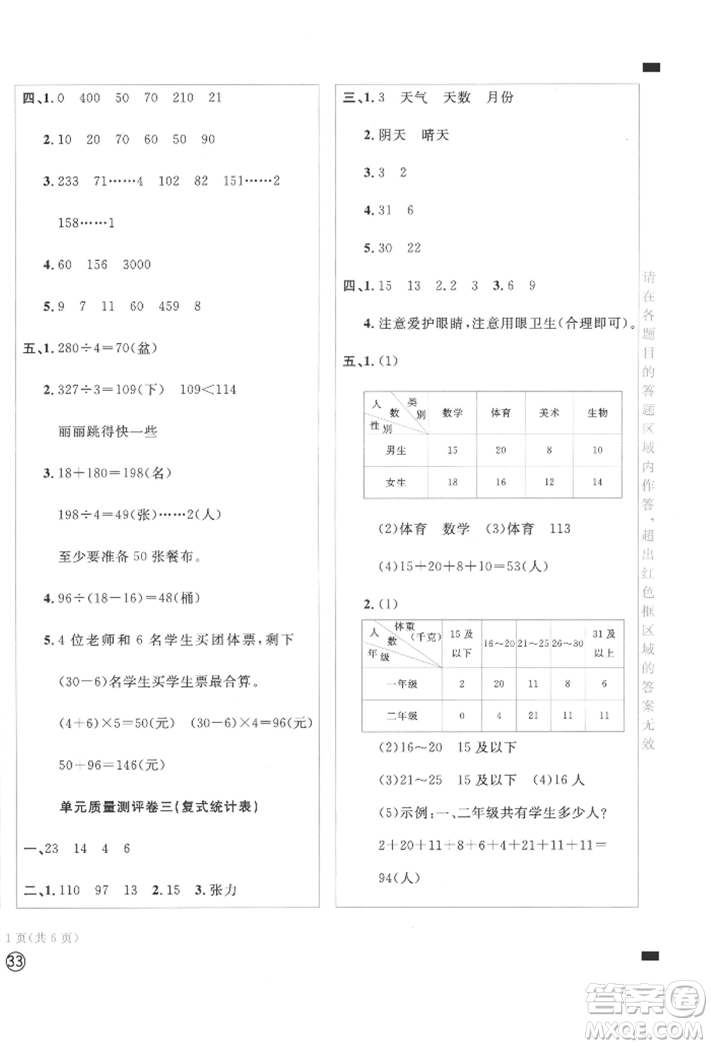 四川辭書(shū)出版社2022學(xué)科素養(yǎng)質(zhì)量測(cè)評(píng)卷三年級(jí)下冊(cè)數(shù)學(xué)人教版參考答案