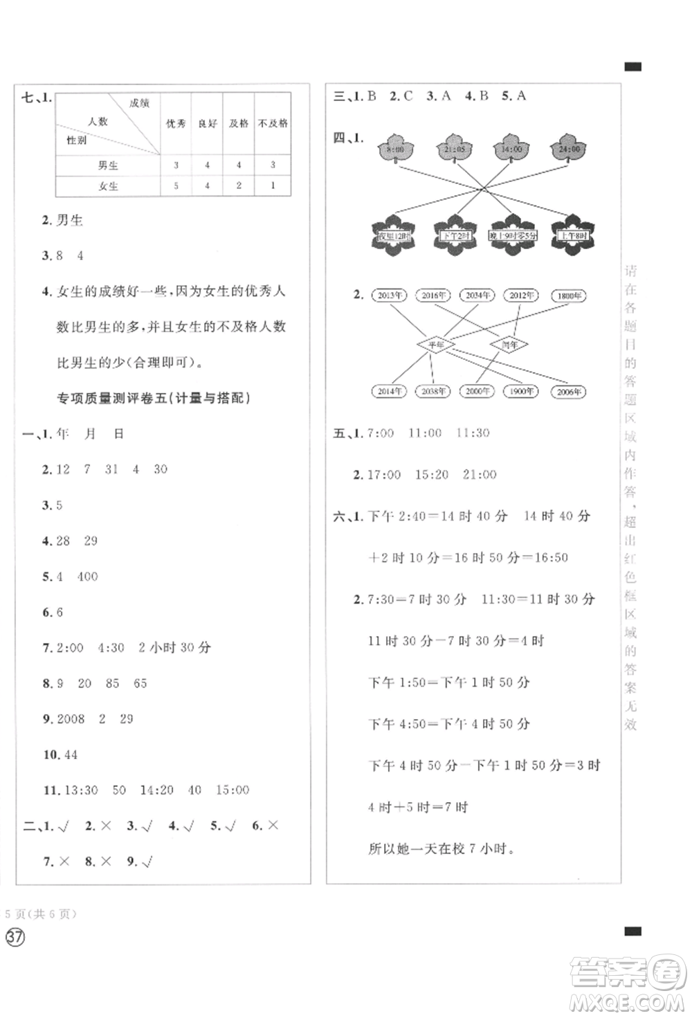 四川辭書(shū)出版社2022學(xué)科素養(yǎng)質(zhì)量測(cè)評(píng)卷三年級(jí)下冊(cè)數(shù)學(xué)人教版參考答案