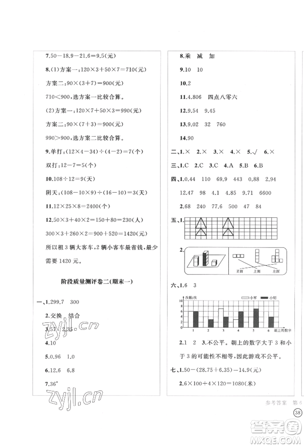 四川辭書出版社2022學(xué)科素養(yǎng)質(zhì)量測評卷四年級下冊數(shù)學(xué)人教版參考答案