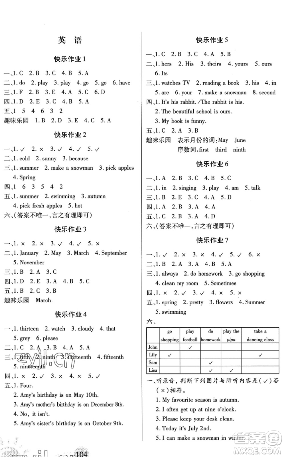 二十一世紀出版社2022小學暑假作業(yè)五年級合訂本人教版答案