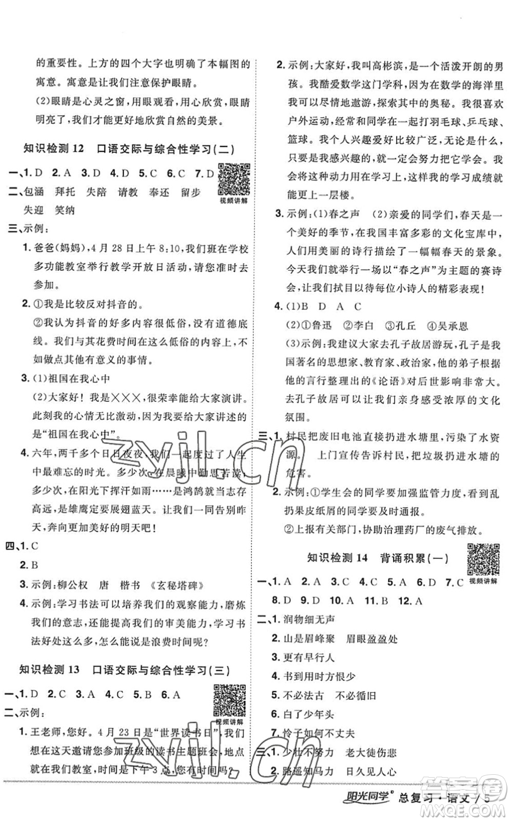 江西教育出版社2022陽(yáng)光同學(xué)小學(xué)畢業(yè)升學(xué)系統(tǒng)總復(fù)習(xí)六年級(jí)語(yǔ)文下冊(cè)人教版答案