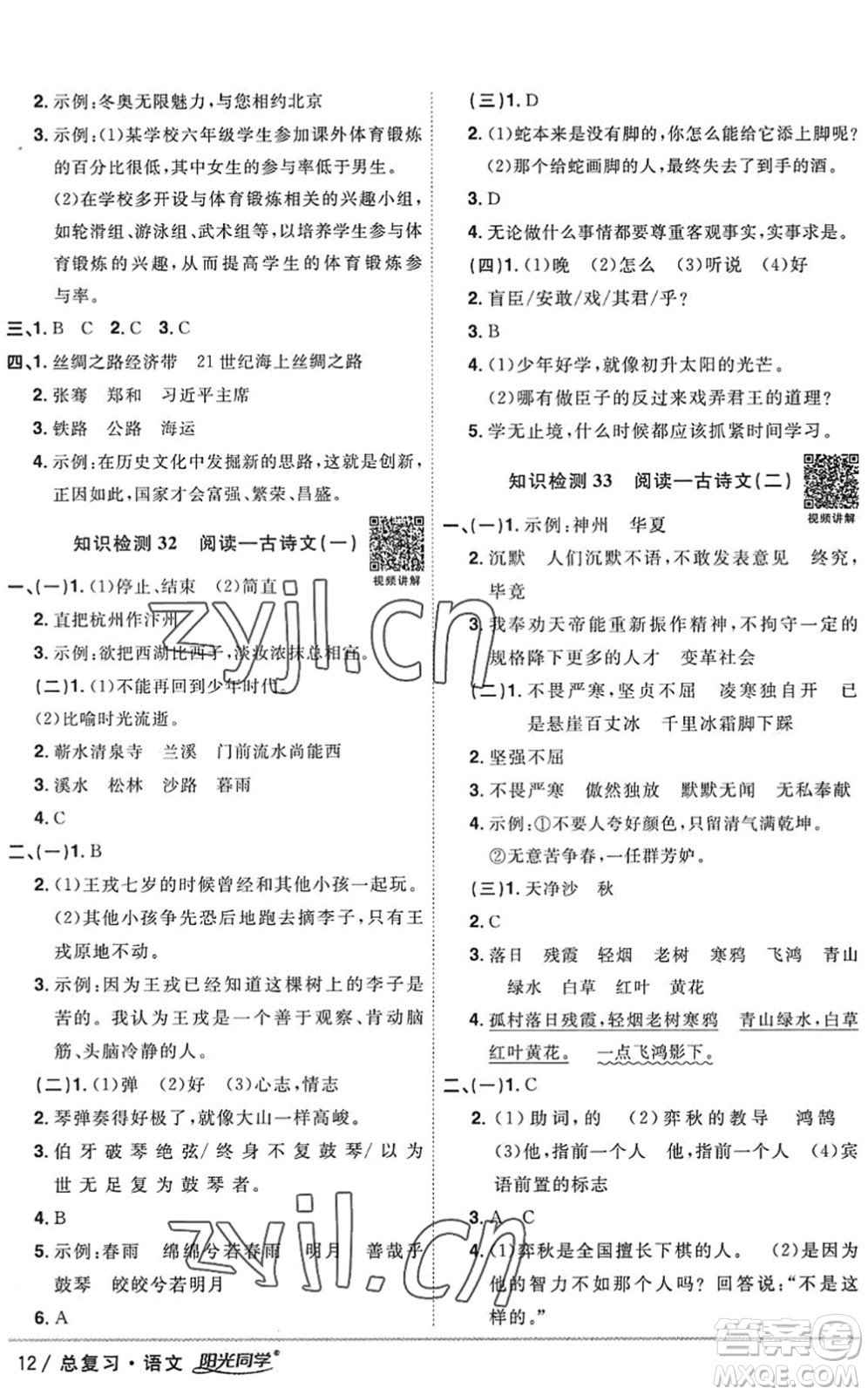 江西教育出版社2022陽(yáng)光同學(xué)小學(xué)畢業(yè)升學(xué)系統(tǒng)總復(fù)習(xí)六年級(jí)語(yǔ)文下冊(cè)人教版答案