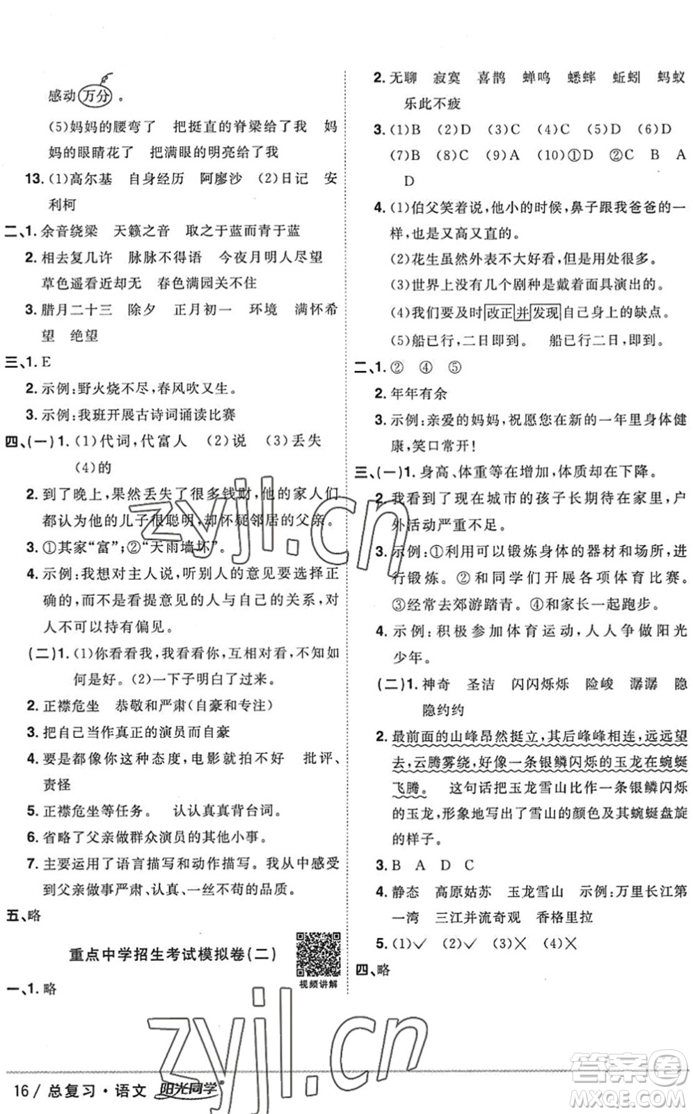 江西教育出版社2022陽(yáng)光同學(xué)小學(xué)畢業(yè)升學(xué)系統(tǒng)總復(fù)習(xí)六年級(jí)語(yǔ)文下冊(cè)人教版答案