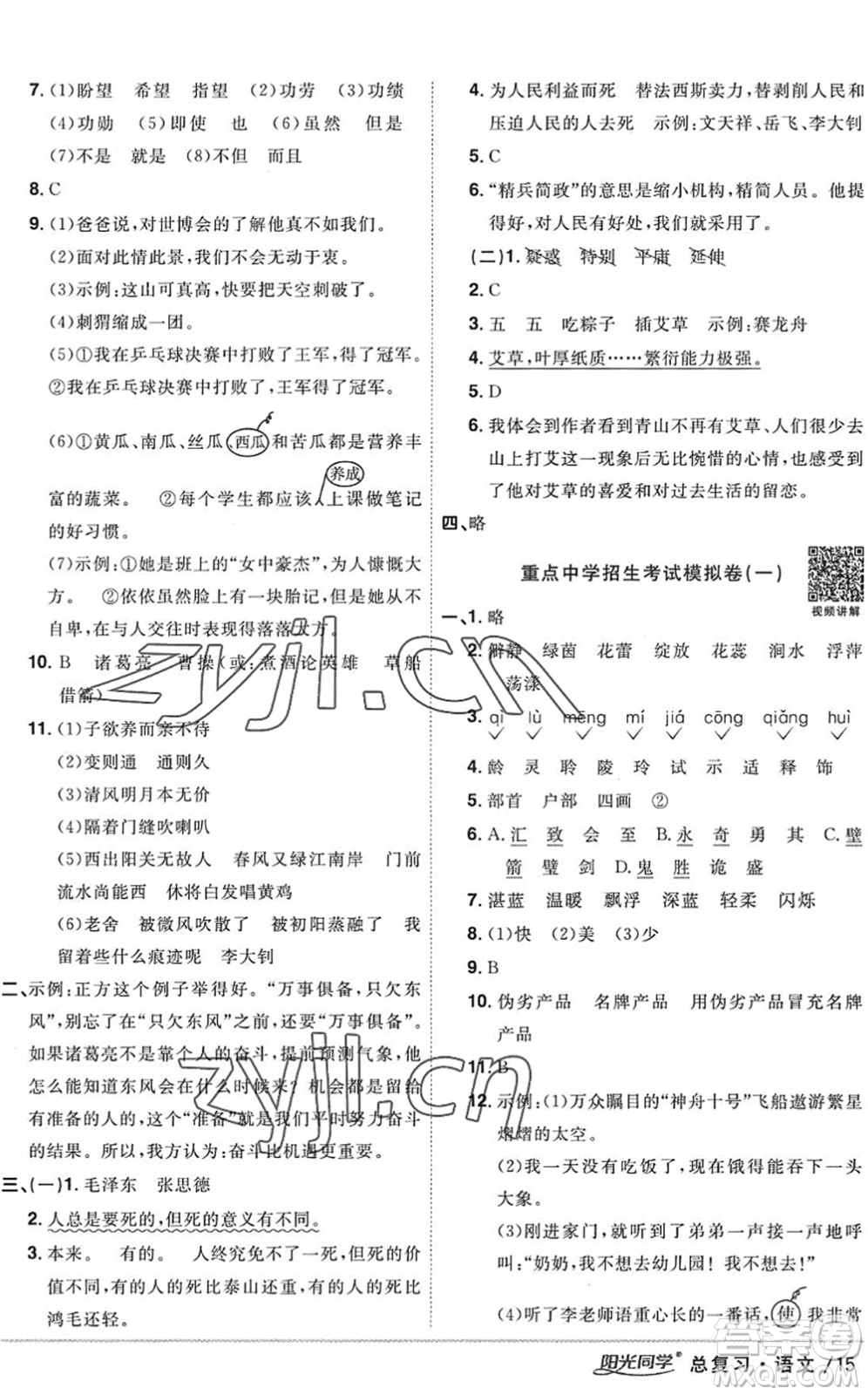 江西教育出版社2022陽(yáng)光同學(xué)小學(xué)畢業(yè)升學(xué)系統(tǒng)總復(fù)習(xí)六年級(jí)語(yǔ)文下冊(cè)人教版答案