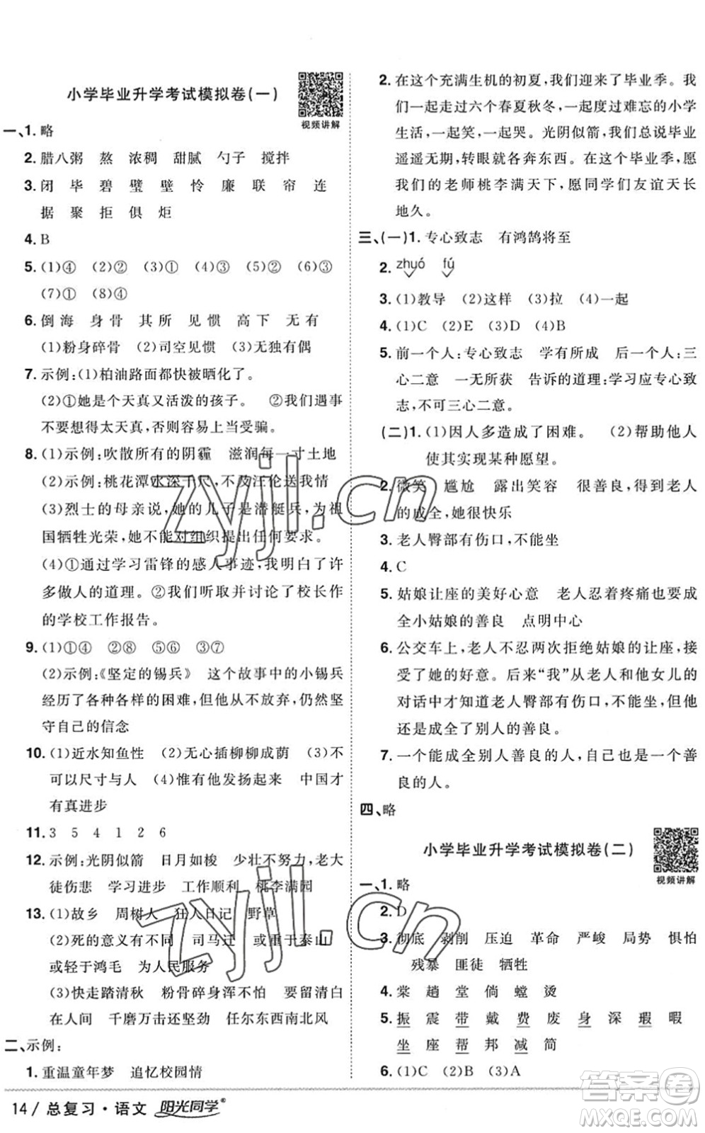 江西教育出版社2022陽(yáng)光同學(xué)小學(xué)畢業(yè)升學(xué)系統(tǒng)總復(fù)習(xí)六年級(jí)語(yǔ)文下冊(cè)人教版答案