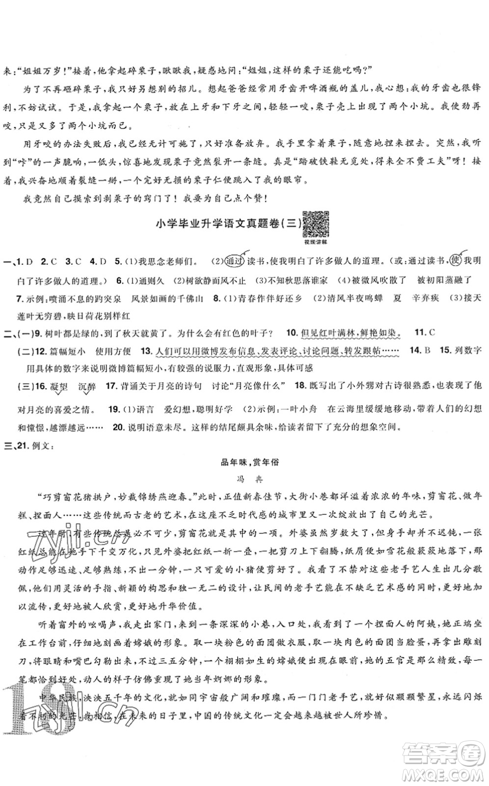 江西教育出版社2022陽(yáng)光同學(xué)小學(xué)畢業(yè)升學(xué)系統(tǒng)總復(fù)習(xí)六年級(jí)語(yǔ)文下冊(cè)人教版答案