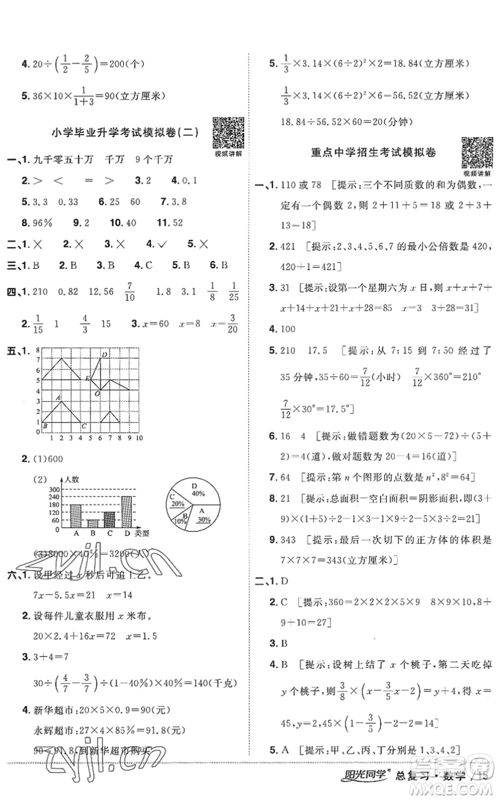 江西教育出版社2022陽光同學(xué)小學(xué)畢業(yè)升學(xué)系統(tǒng)總復(fù)習(xí)六年級(jí)數(shù)學(xué)下冊(cè)人教版答案