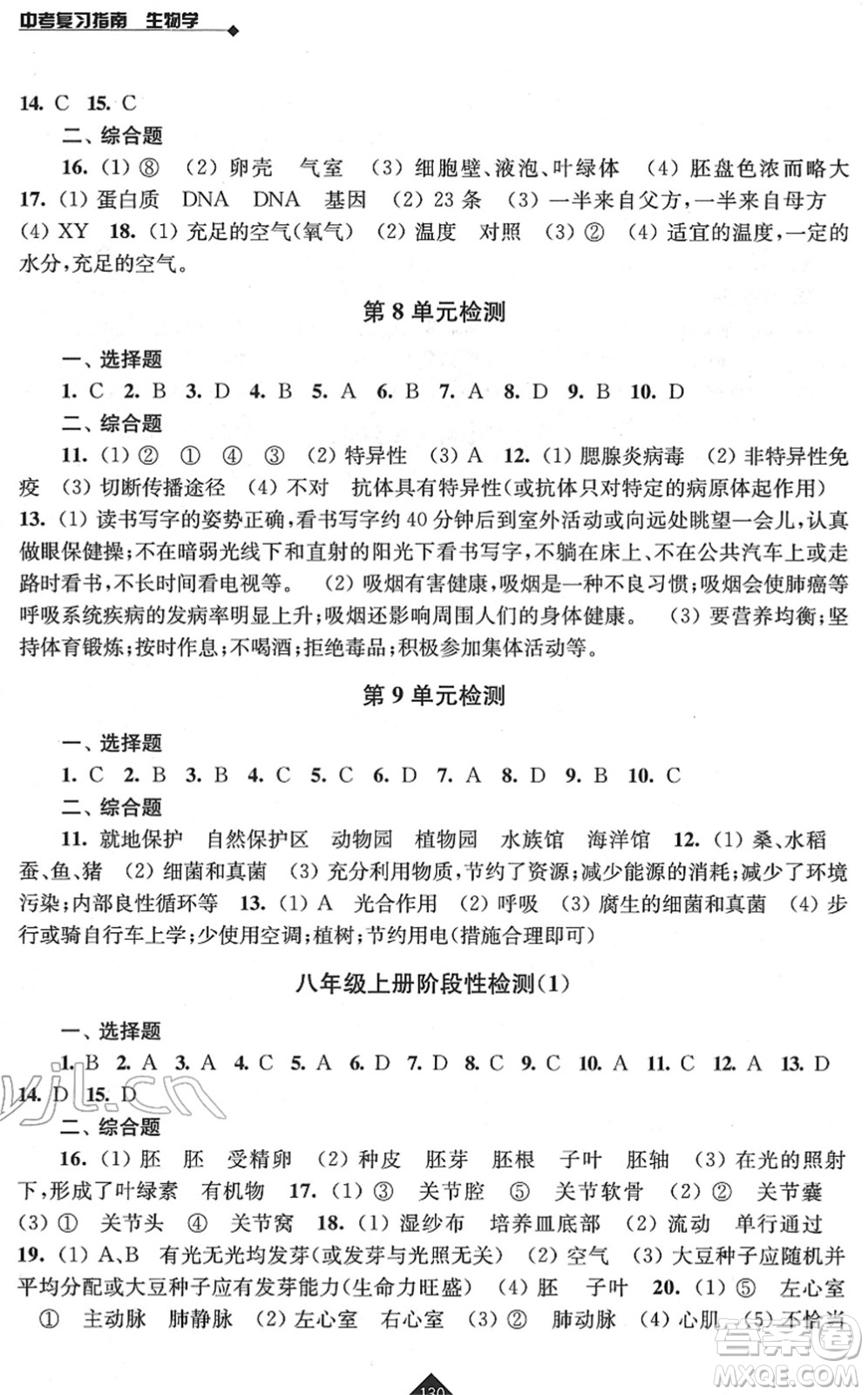 江蘇人民出版社2022中考復習指南九年級生物通用版答案