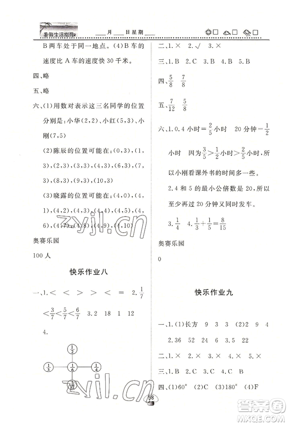 山東數(shù)字出版?zhèn)髅接邢薰?022文軒暑假生活指導(dǎo)五年級數(shù)學(xué)通用版參考答案