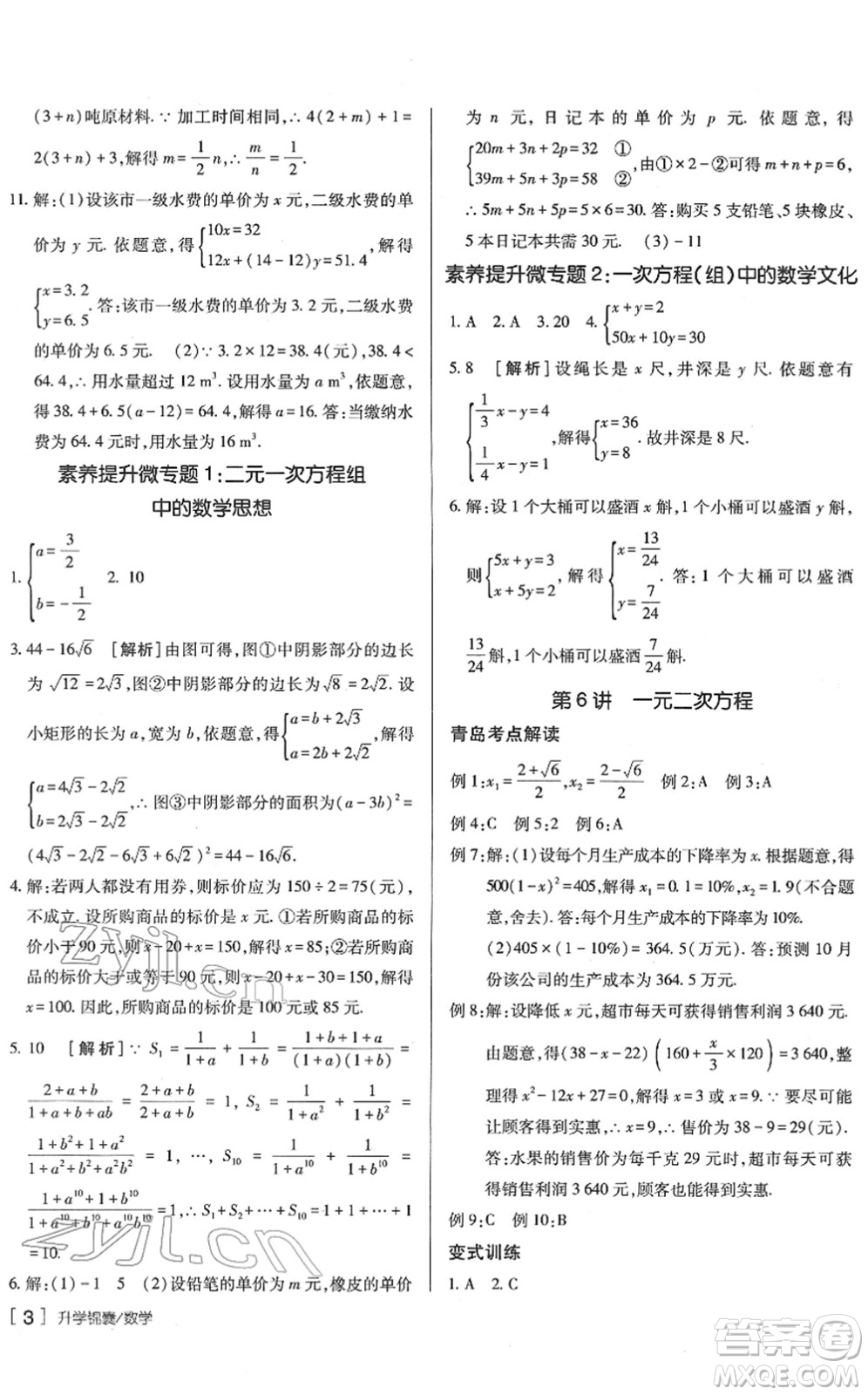 新疆青少年出版社2022升學(xué)錦囊九年級數(shù)學(xué)青島專版答案