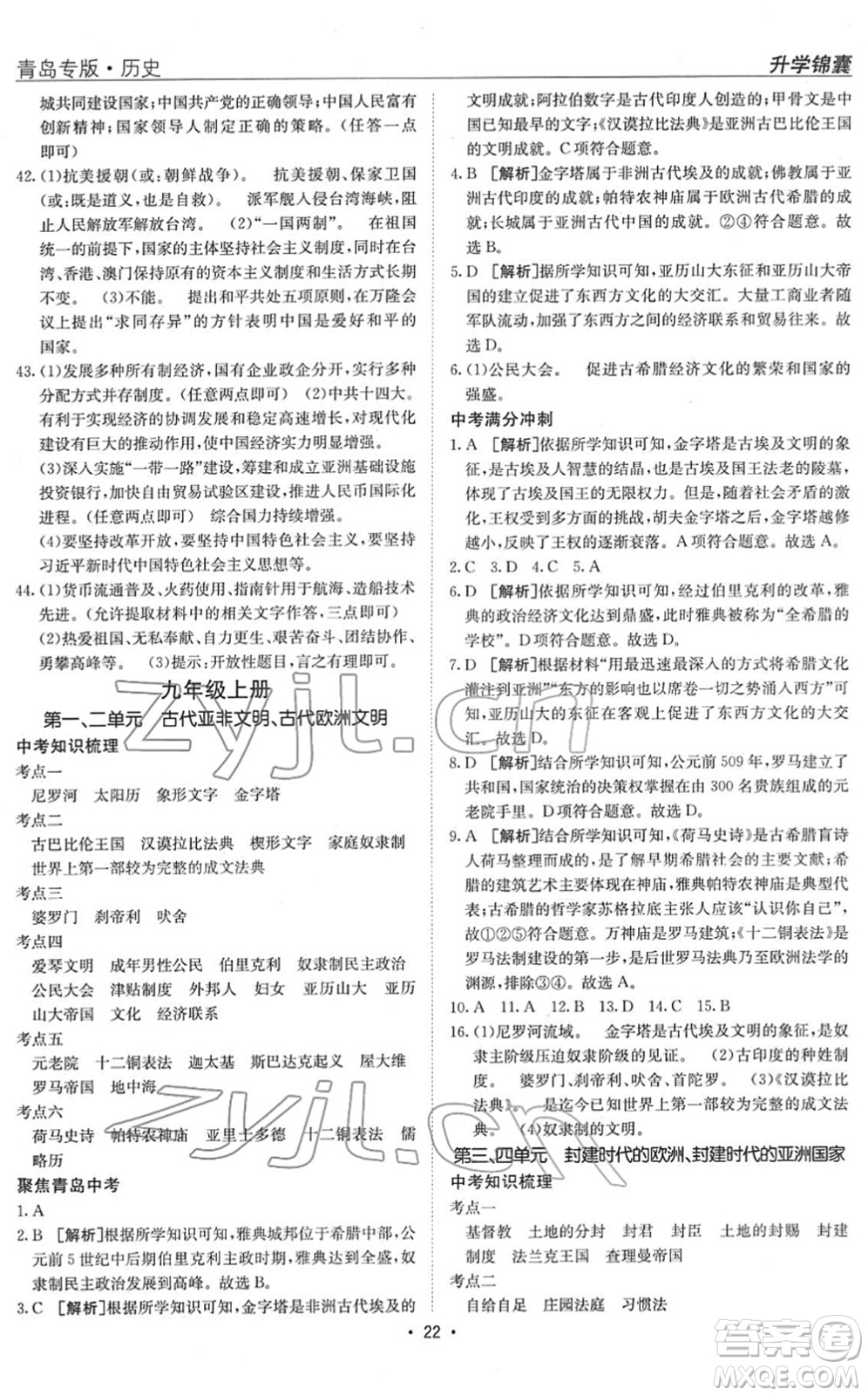 新疆青少年出版社2022升學(xué)錦囊九年級歷史青島專版答案