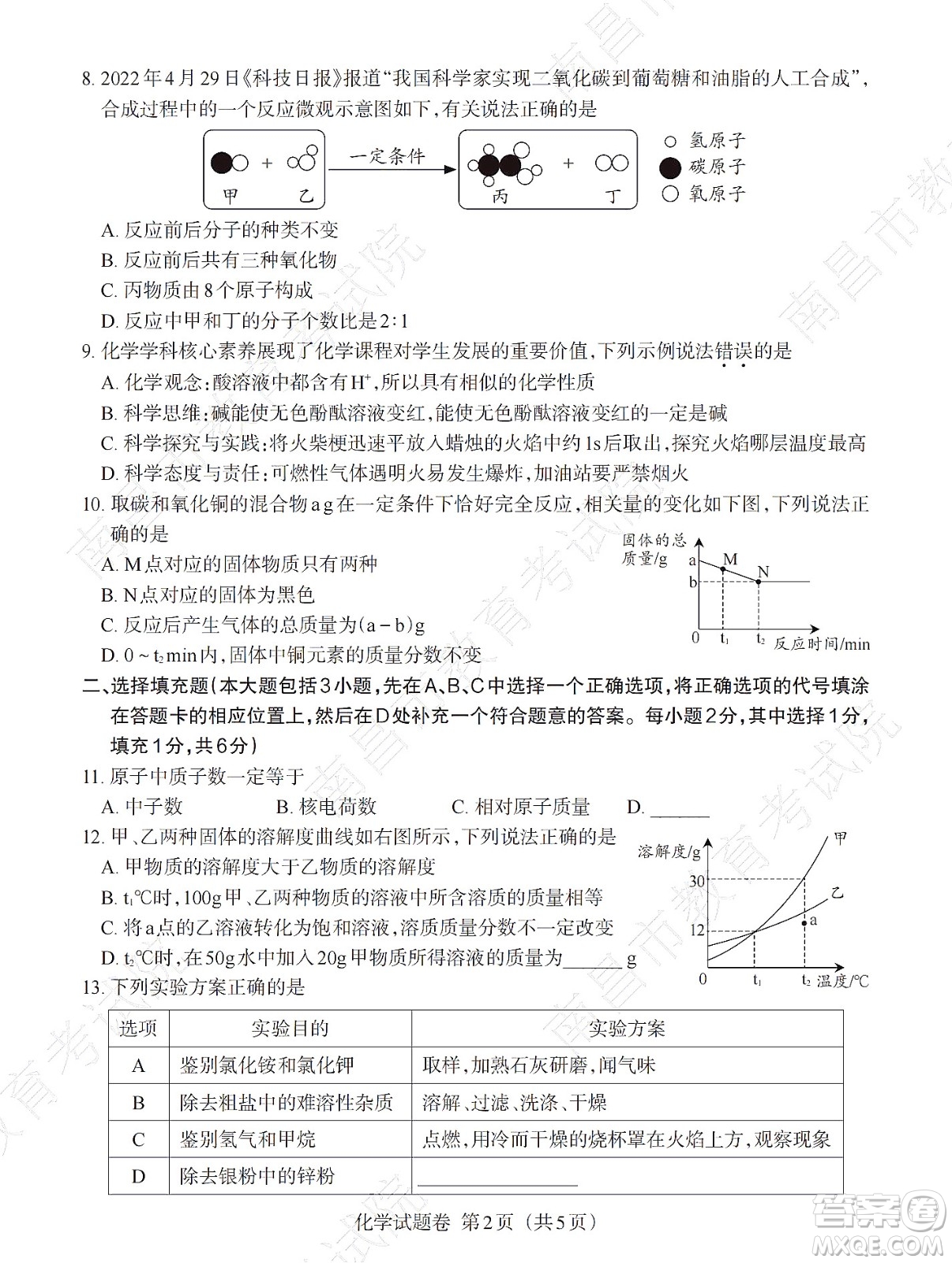 江西省2022初中學業(yè)水平考試化學試題及答案