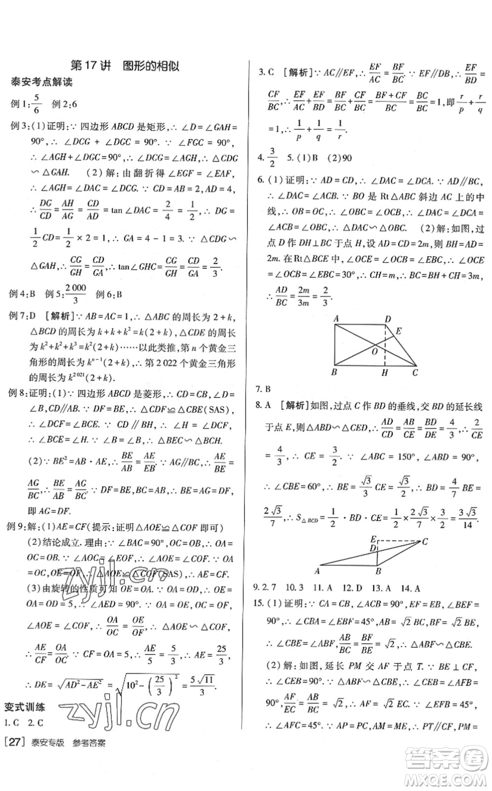 新疆青少年出版社2022升學(xué)錦囊九年級(jí)數(shù)學(xué)泰安專版答案