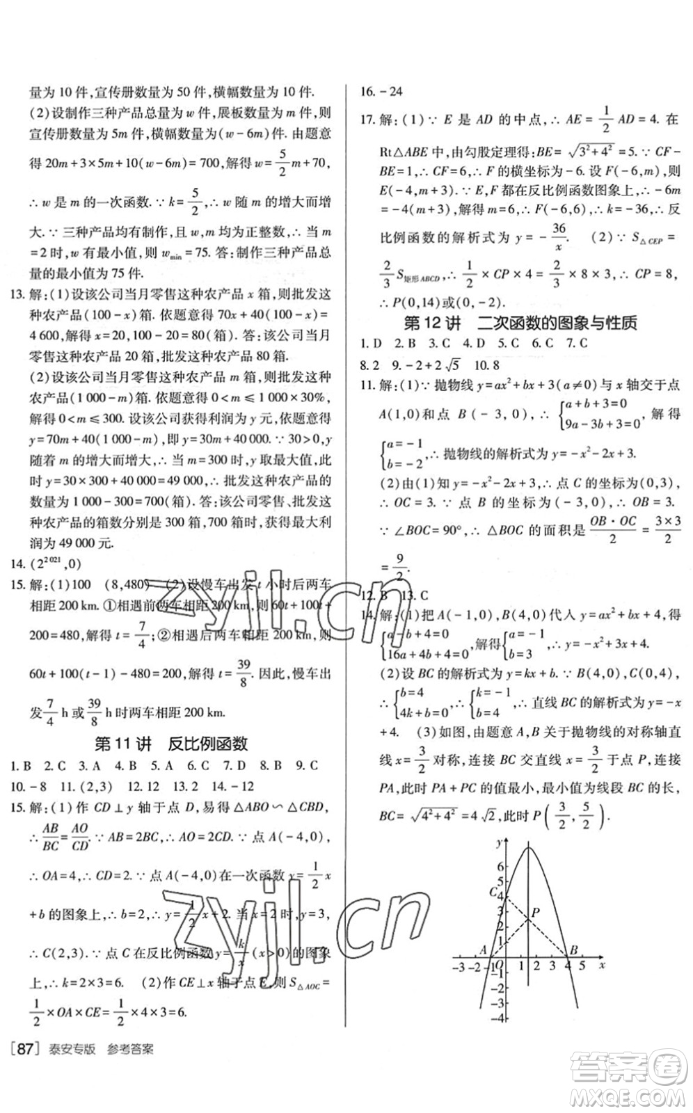 新疆青少年出版社2022升學(xué)錦囊九年級(jí)數(shù)學(xué)泰安專版答案