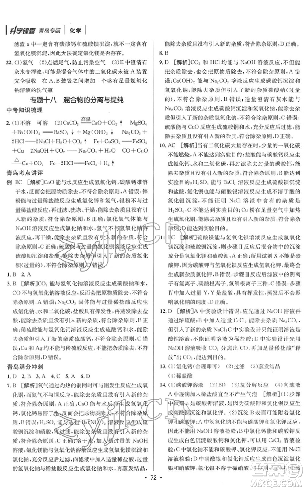 新疆青少年出版社2022升學(xué)錦囊九年級(jí)化學(xué)青島專版答案