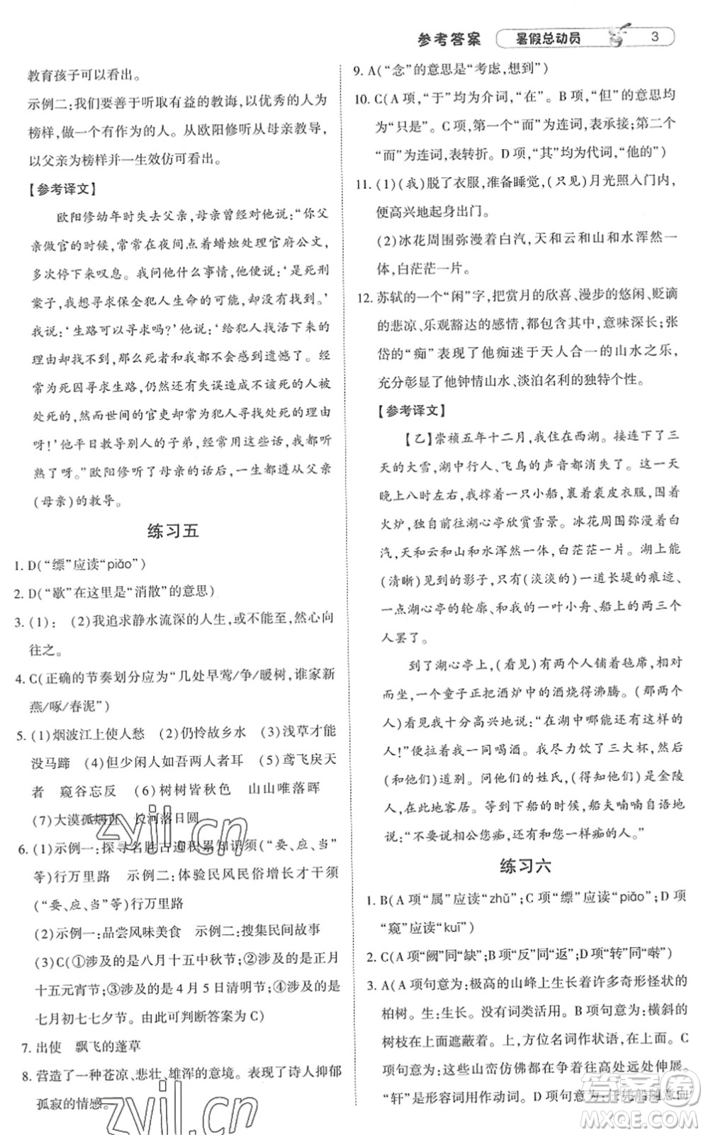 寧夏人民教育出版社2022經(jīng)綸學典暑假總動員八年級語文人教版答案