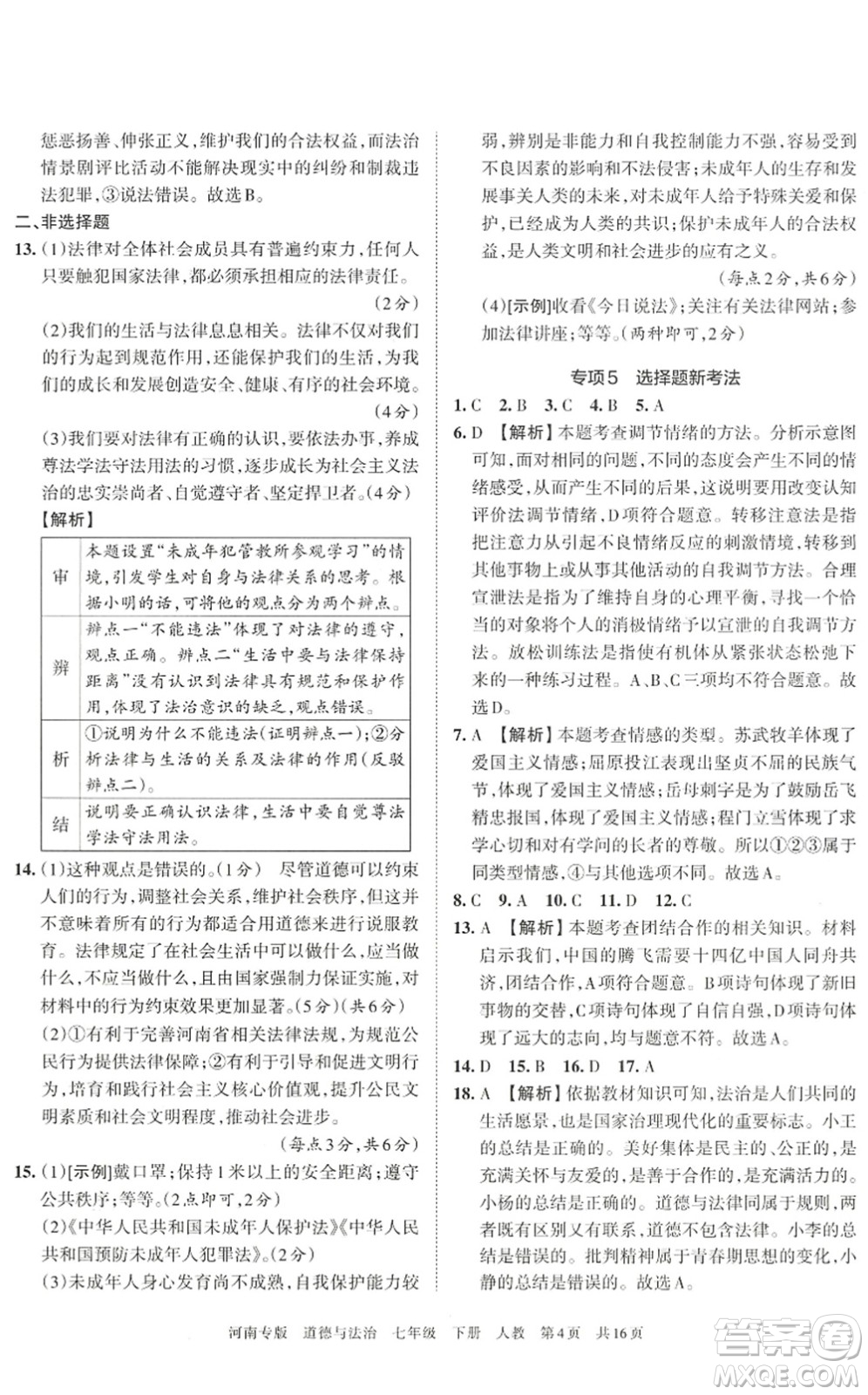 江西人民出版社2022王朝霞各地期末試卷精選七年級(jí)道德與法治下冊(cè)人教版河南專版答案