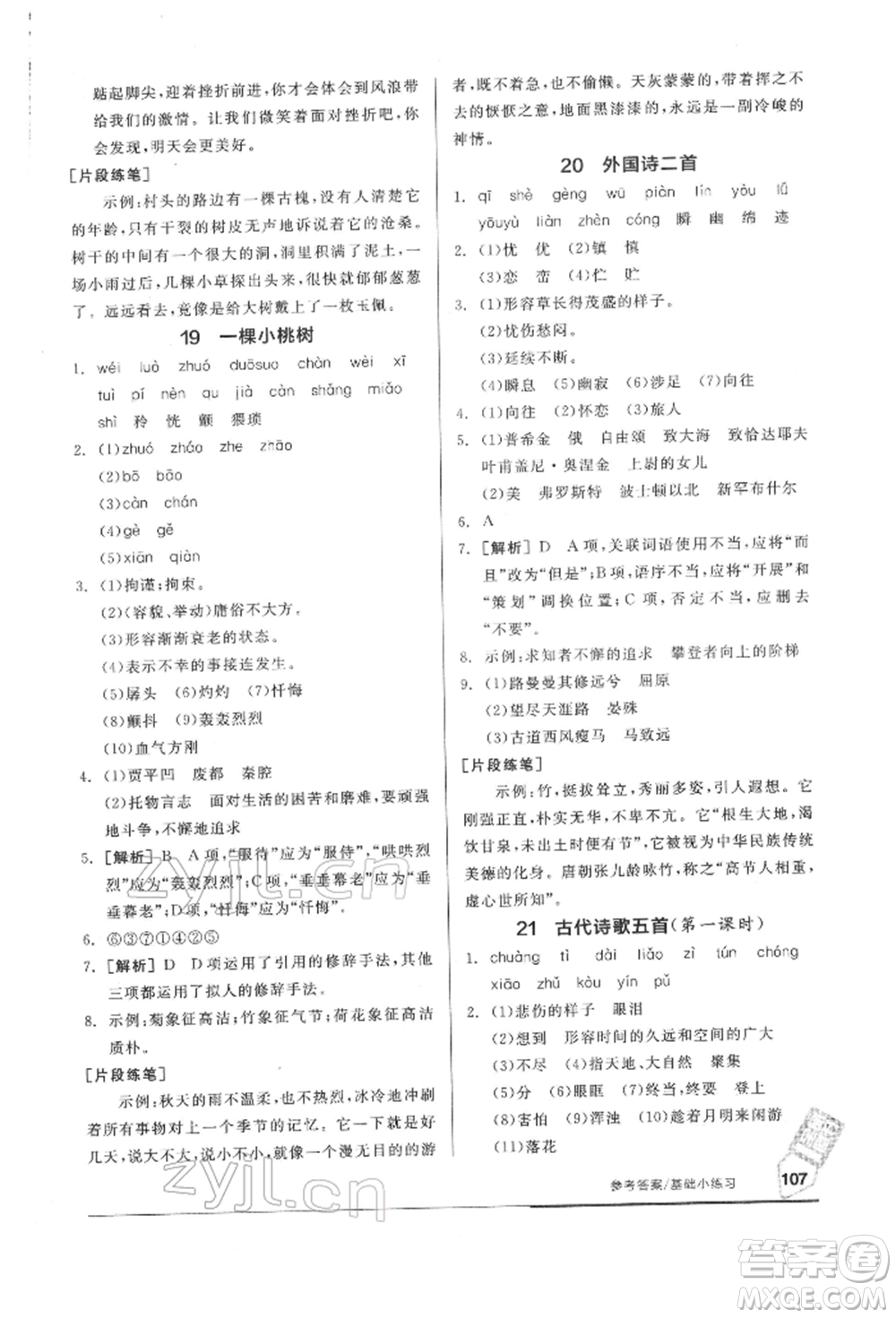 延邊教育出版社2022隨堂十分鐘基礎(chǔ)小練習七年級下冊語文人教版參考答案