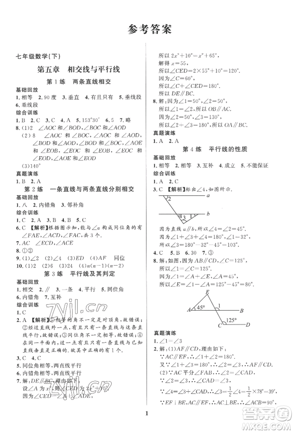 長(zhǎng)江出版社2022給力100假期作業(yè)七年級(jí)數(shù)學(xué)人教版參考答案