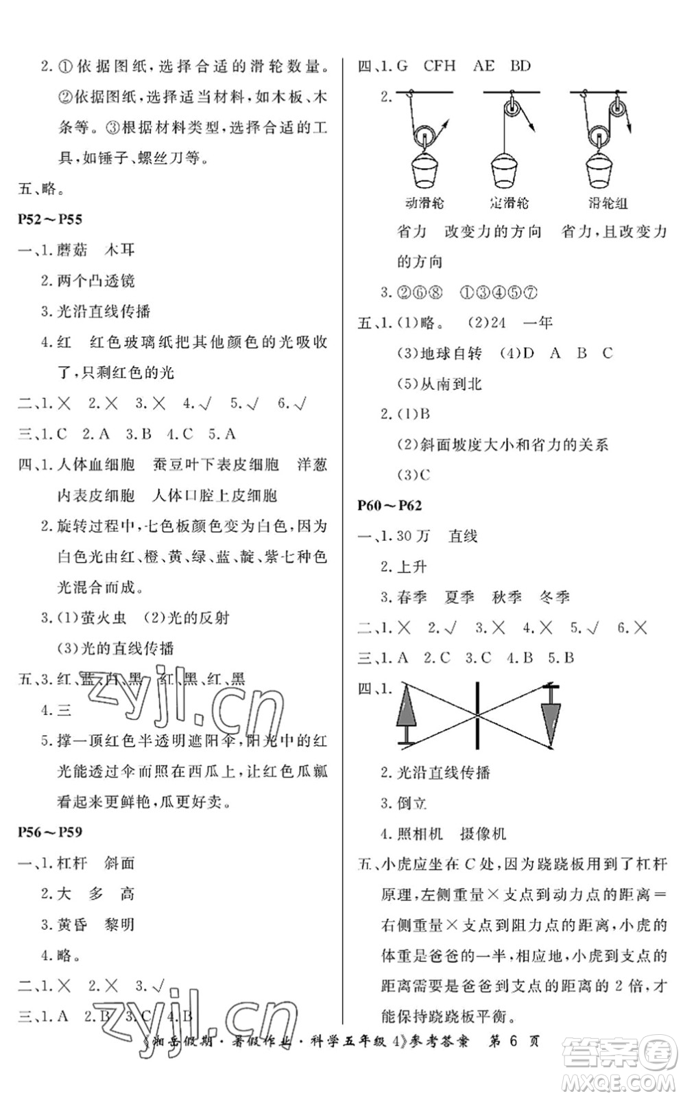 湖南大學(xué)出版社2022湘岳假期暑假作業(yè)五年級(jí)科學(xué)湘科版答案