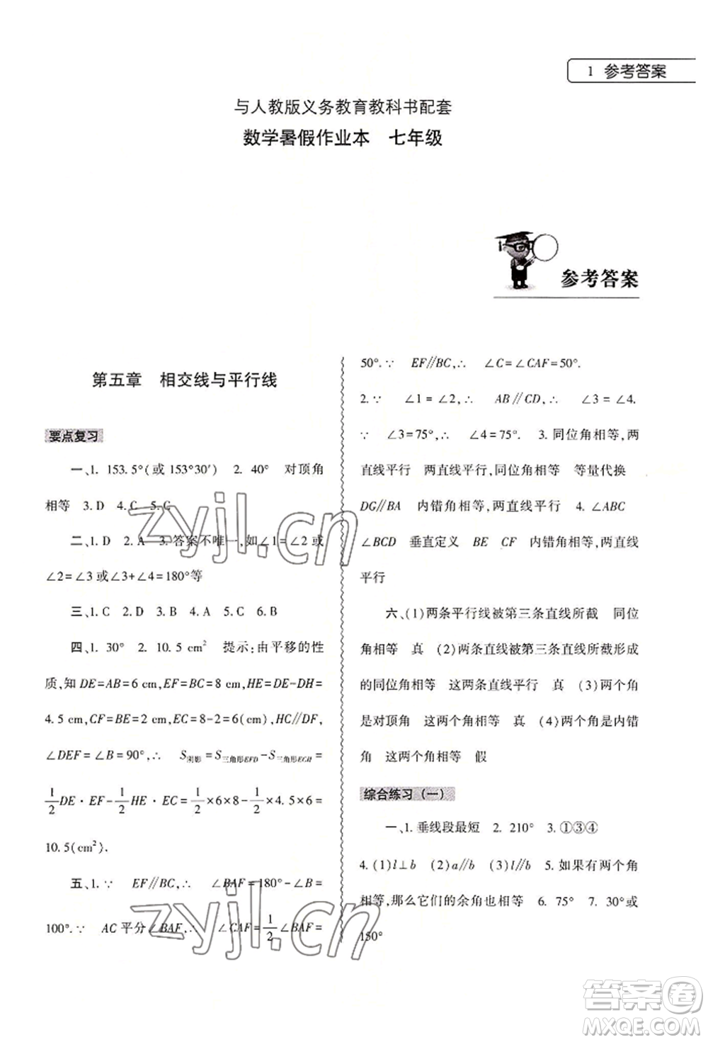 大象出版社2022數(shù)學(xué)暑假作業(yè)本七年級人教版參考答案