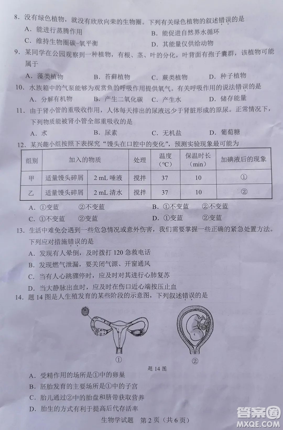 2022年廣東省初中學(xué)業(yè)水平考試生物學(xué)試題及答案