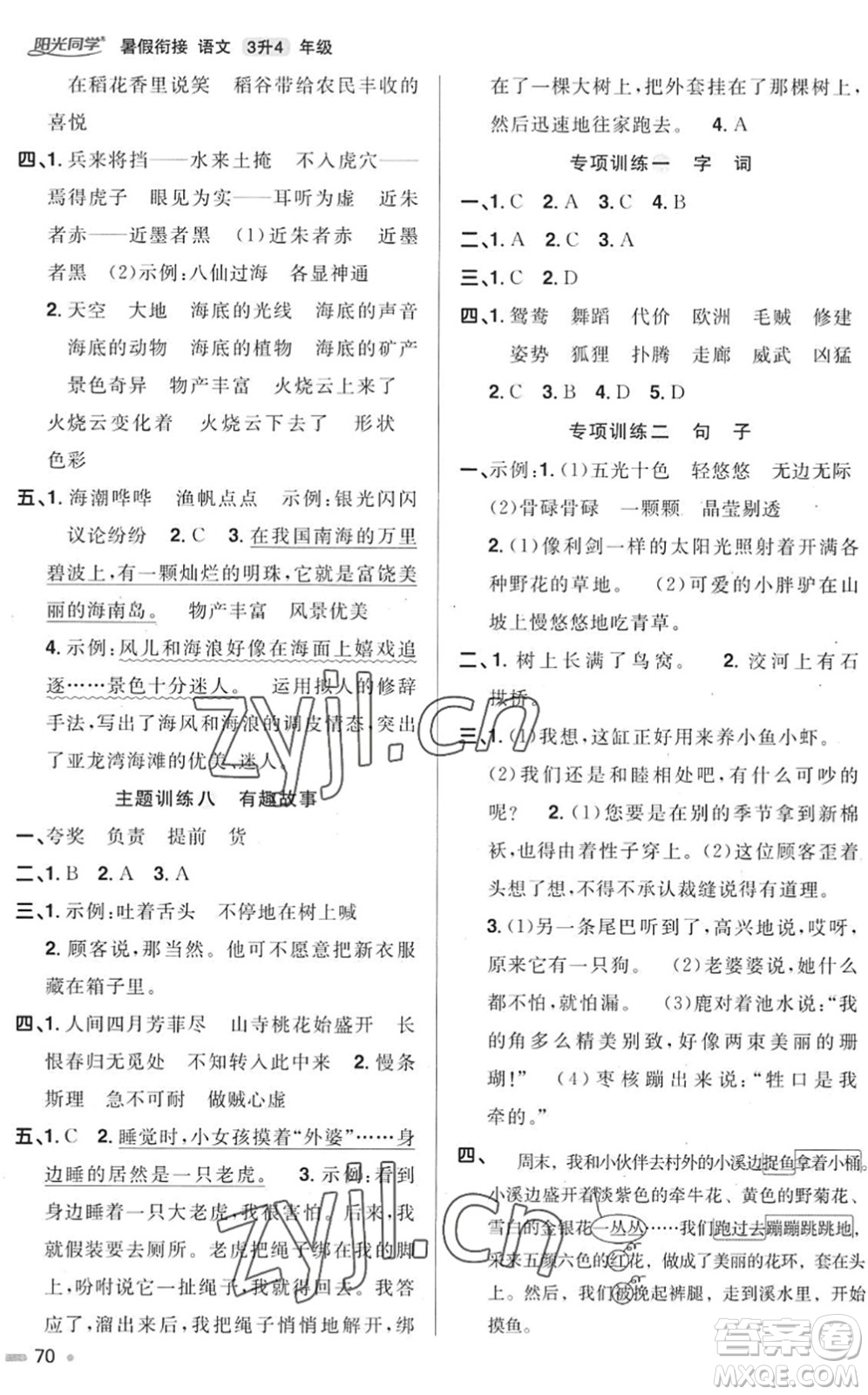 江西教育出版社2022陽(yáng)光同學(xué)暑假銜接三升四年級(jí)語(yǔ)文RJ人教版答案