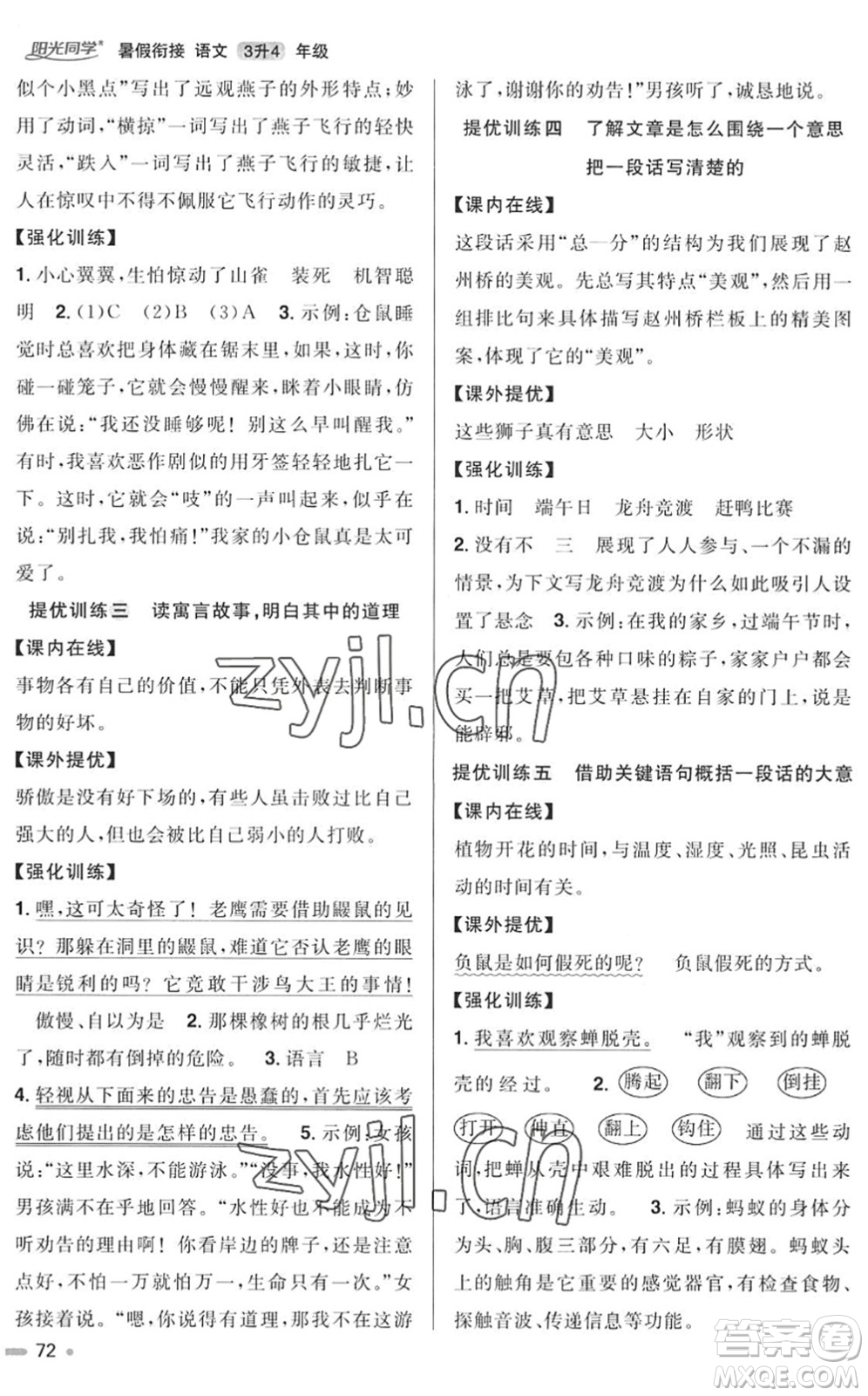 江西教育出版社2022陽(yáng)光同學(xué)暑假銜接三升四年級(jí)語(yǔ)文RJ人教版答案