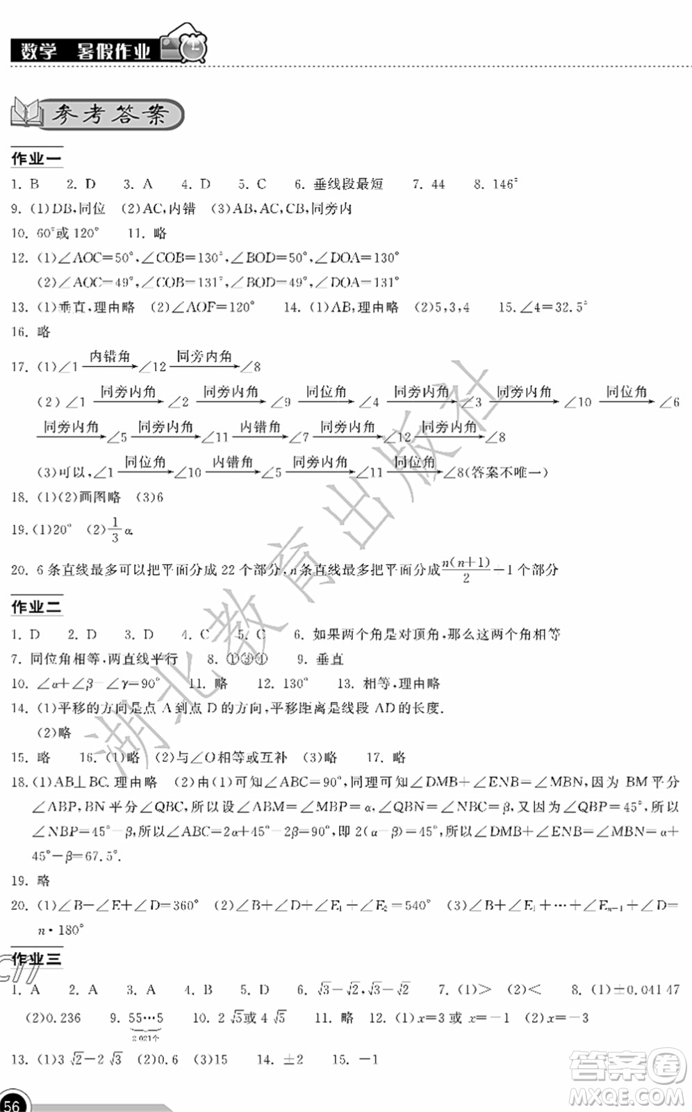 湖北教育出版社2022長(zhǎng)江作業(yè)本暑假作業(yè)七年級(jí)數(shù)學(xué)人教版答案