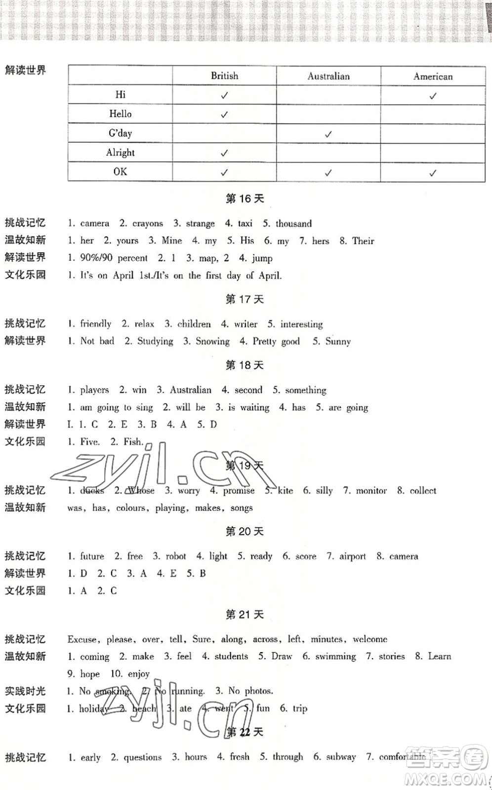 浙江教育出版社2022暑假作業(yè)本七年級(jí)語(yǔ)文英語(yǔ)W外研版答案