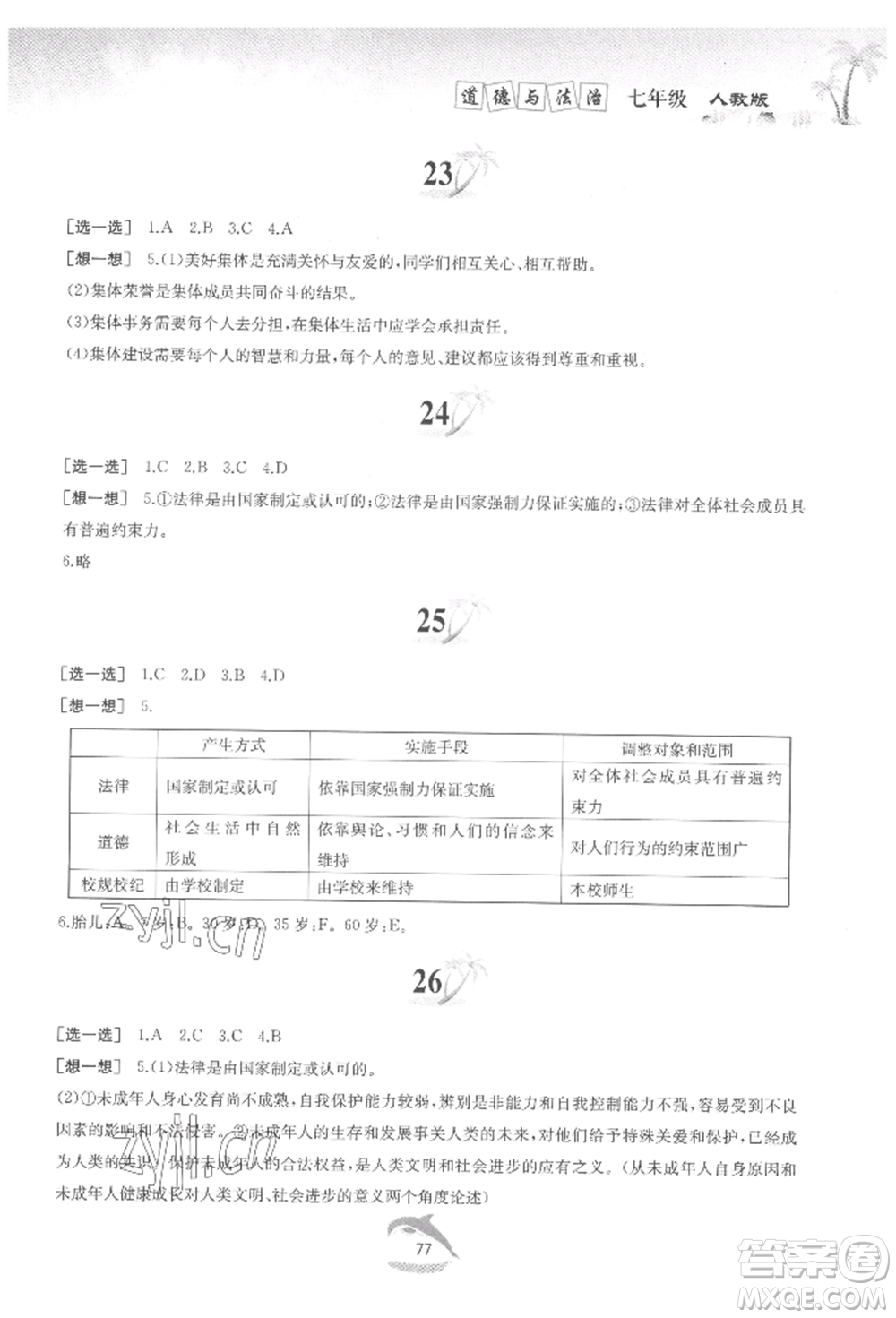 黃山書社2022快樂暑假七年級道德與法治人教版參考答案