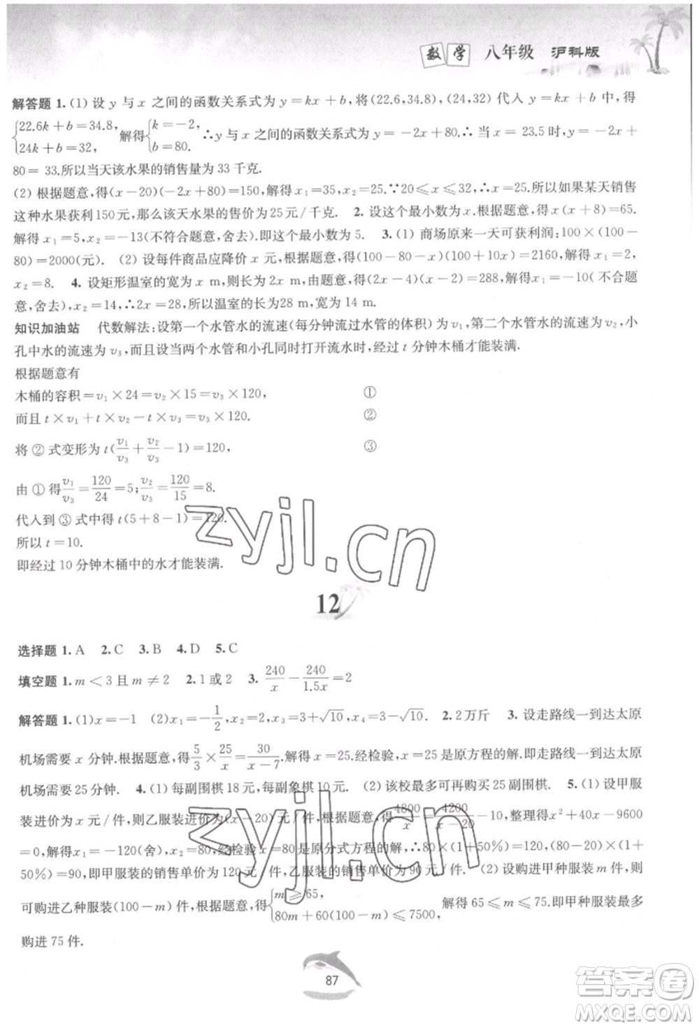 黃山書社2022快樂暑假八年級數(shù)學(xué)滬科版參考答案