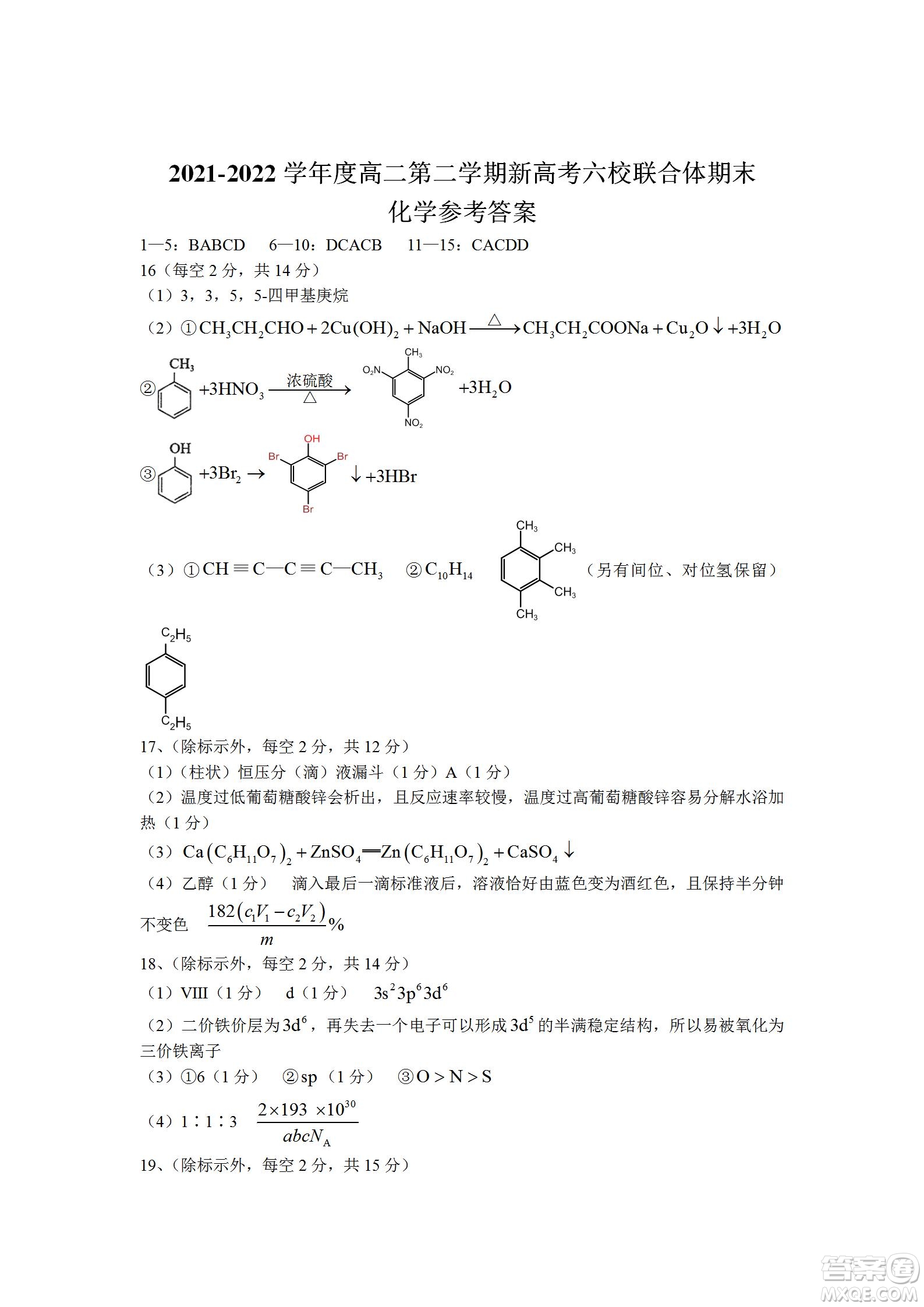 湖北省武漢市2021-2022學(xué)年度第二學(xué)期新高考聯(lián)合體期末試卷高二化學(xué)試題及答案