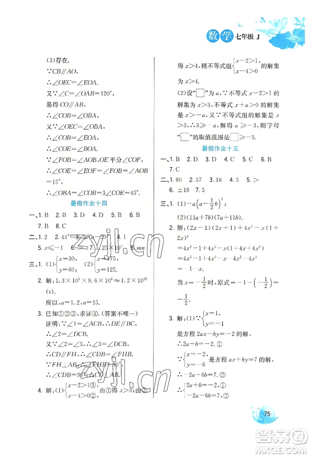 河北美術出版社2022暑假生活七年級數(shù)學冀教版參考答案