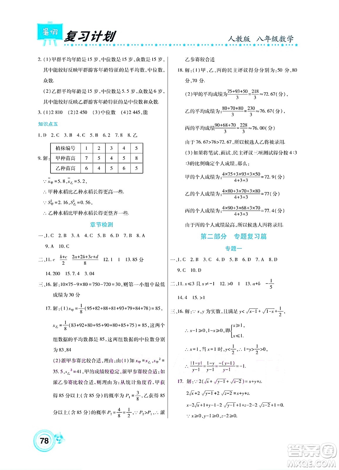 中原農(nóng)民出版社2022豫新銳復(fù)習(xí)計(jì)劃暑假學(xué)期復(fù)習(xí)數(shù)學(xué)八年級(jí)人教版答案