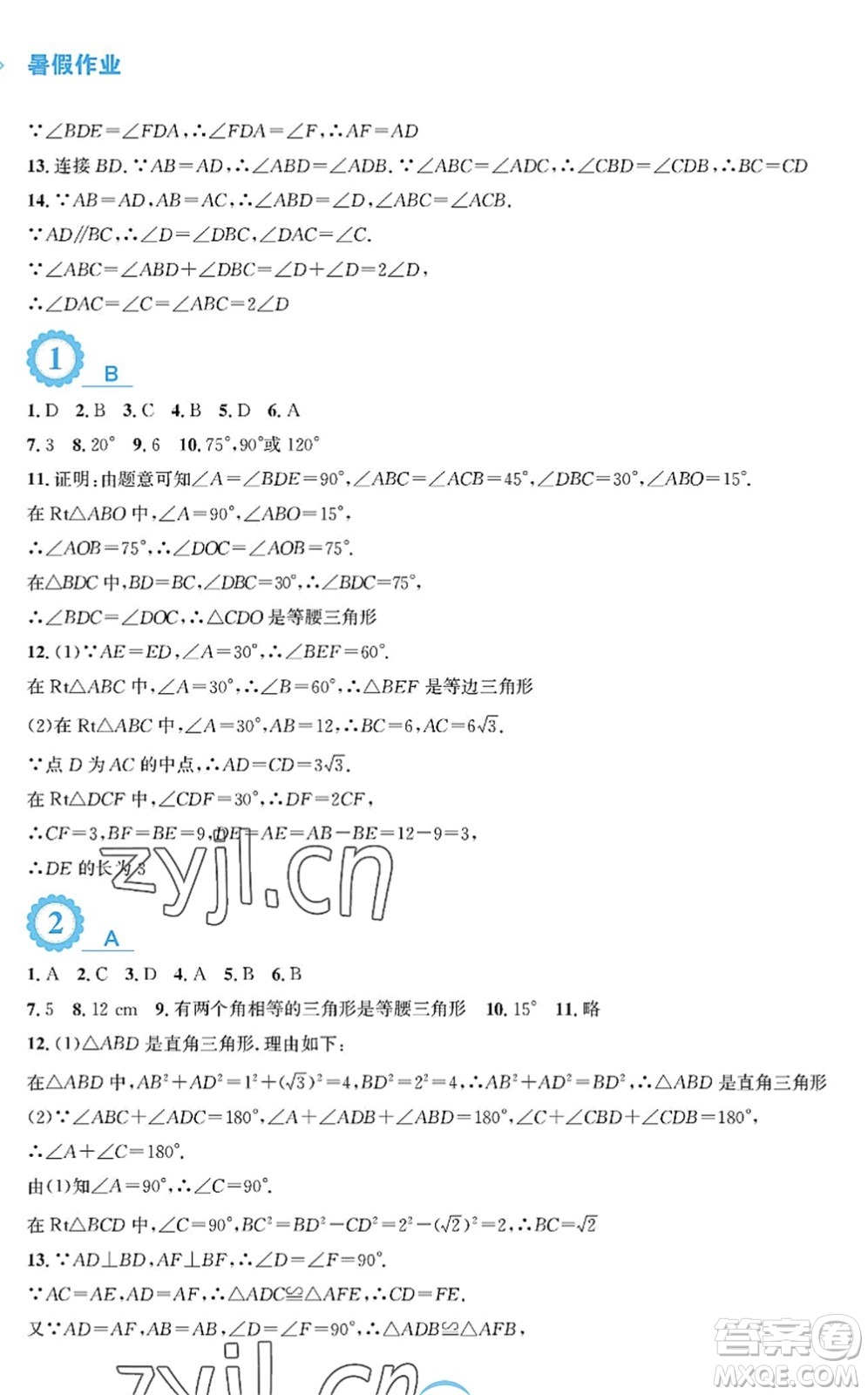 安徽教育出版社2022暑假作業(yè)八年級(jí)數(shù)學(xué)北師大版答案