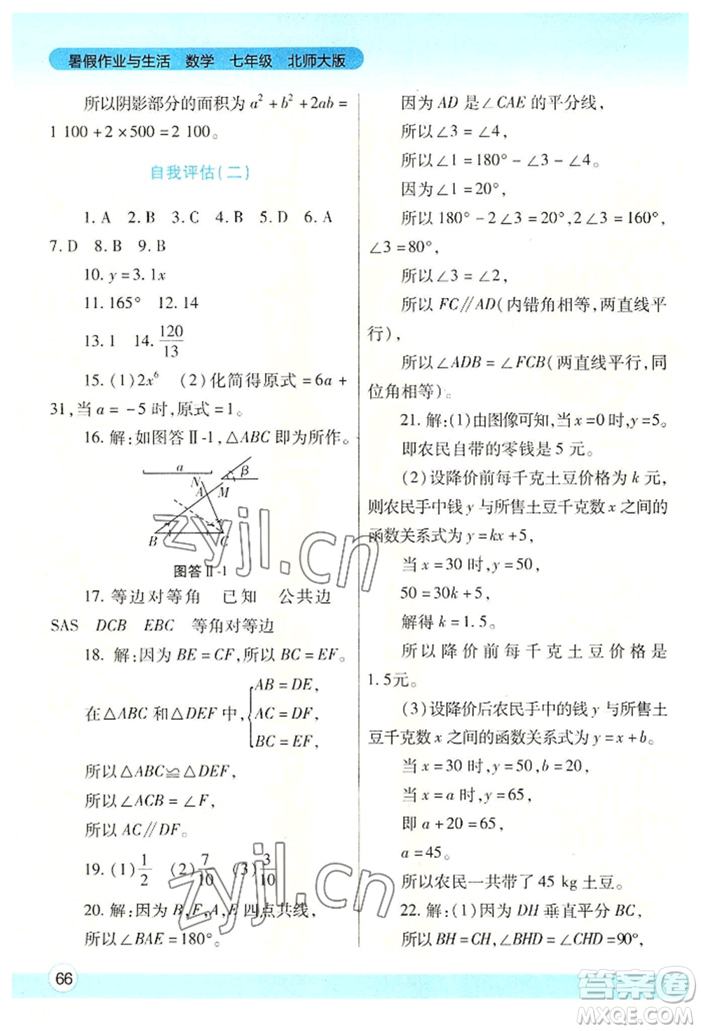 陜西師范大學(xué)出版總社有限公司2022暑假作業(yè)與生活七年級(jí)數(shù)學(xué)北師大版參考答案