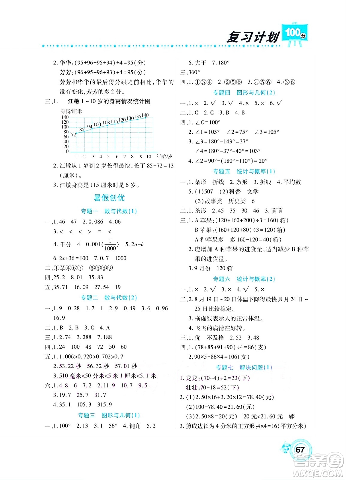 中原農(nóng)民出版社2022復(fù)習(xí)計(jì)劃100分暑假學(xué)期復(fù)習(xí)數(shù)學(xué)四年級(jí)北師大版答案