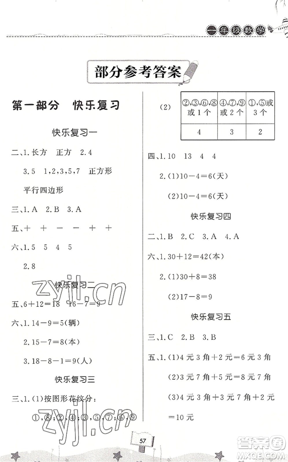 河南大學(xué)出版社2022暑假作業(yè)快樂暑假天天練一年級(jí)數(shù)學(xué)人教版答案