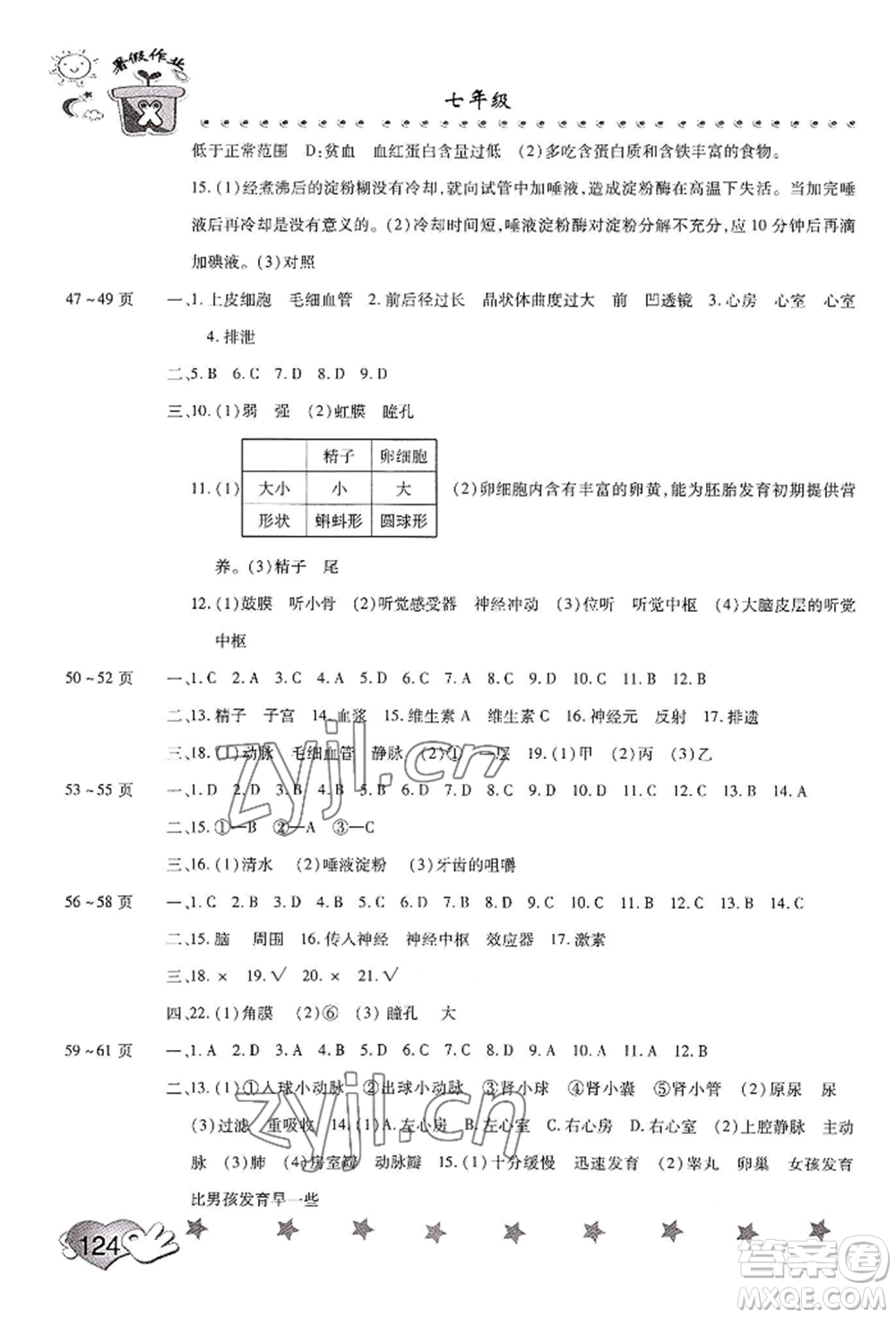 中原農(nóng)民出版社2022暑假訓(xùn)練營(yíng)假期園地七年級(jí)數(shù)學(xué)生物通用版參考答案