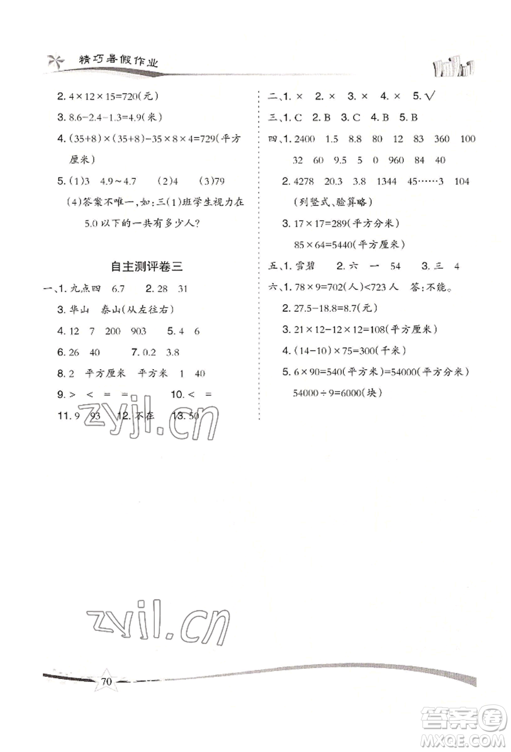 云南美術(shù)出版社2022精巧暑假作業(yè)三年級數(shù)學人教版參考答案