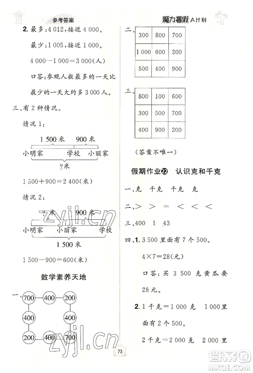 江西美術(shù)出版社2022魔力暑假A計劃二年級數(shù)學人教版參考答案