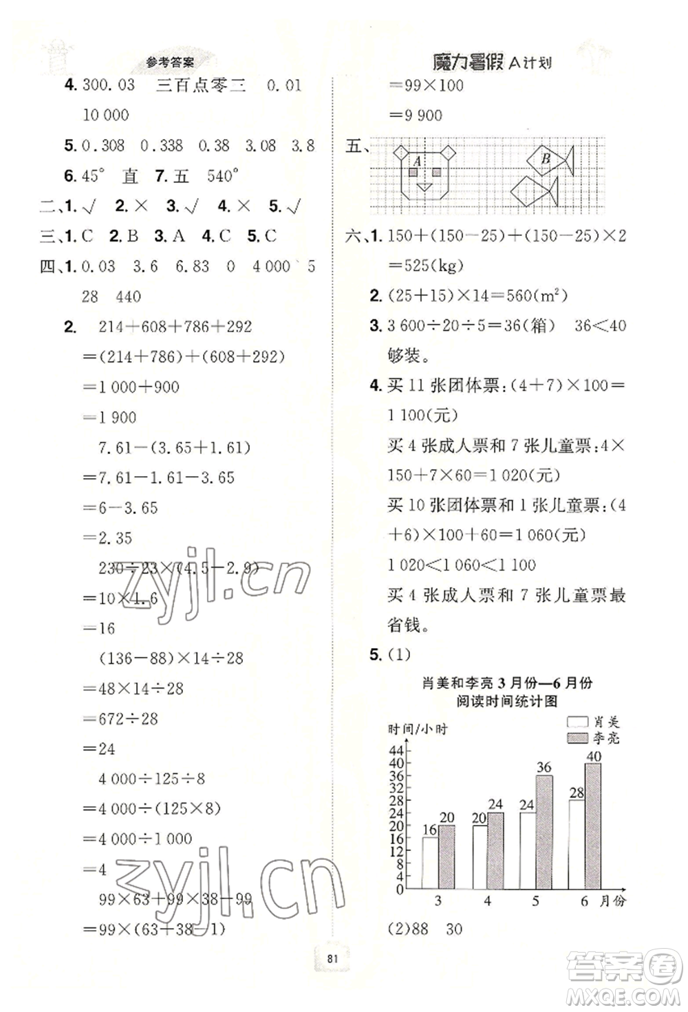 江西美術(shù)出版社2022魔力暑假A計劃四年級數(shù)學(xué)人教版參考答案